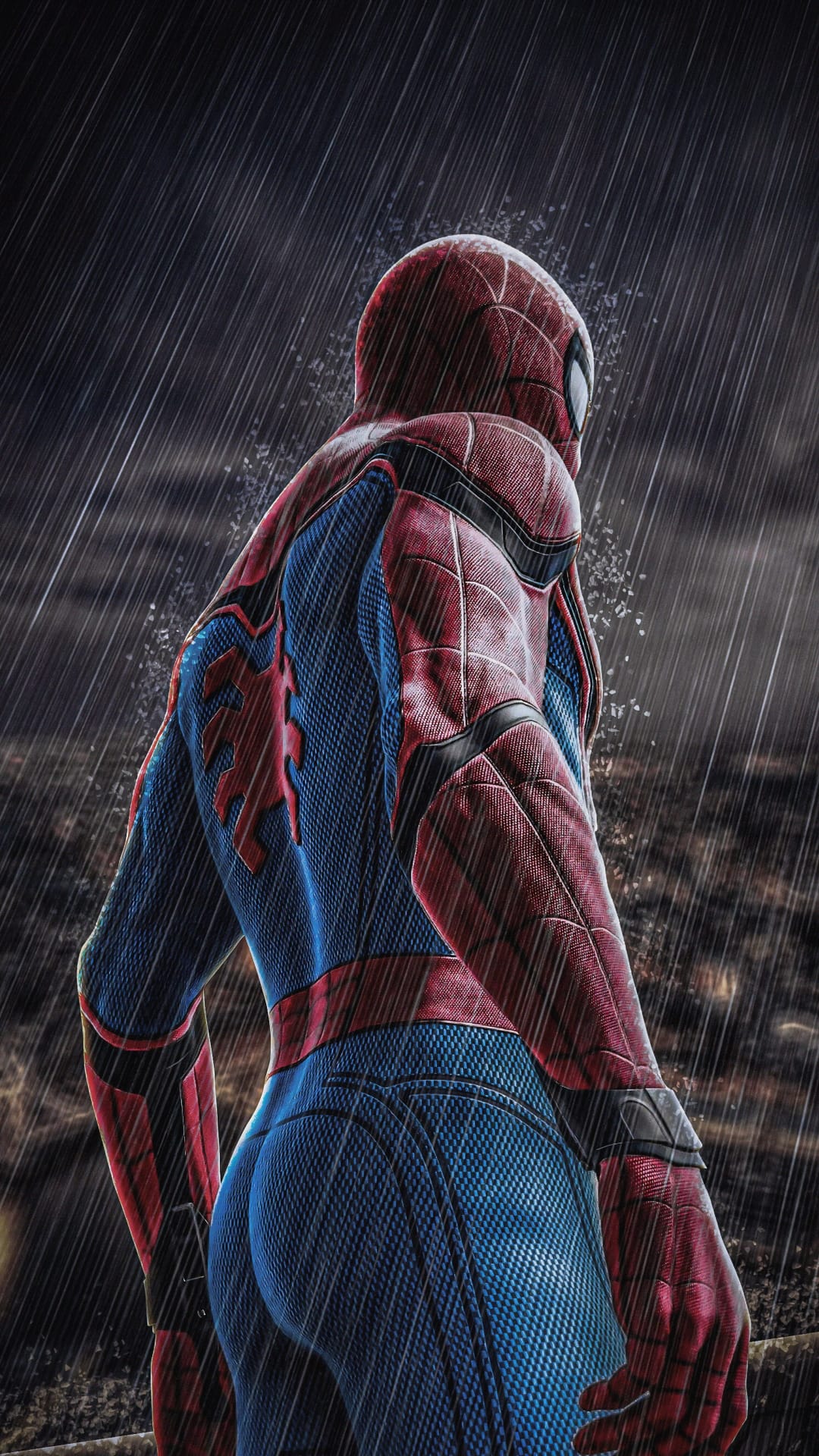 Spider-Man wearing a wet red and blue suit stands in the rain with a dark, blurred urban background.