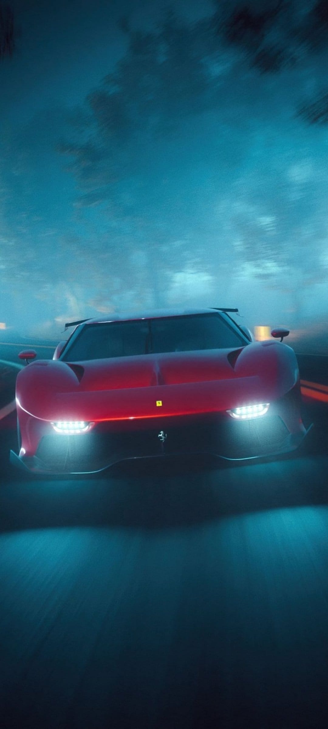 Red Ferrari supercar with glowing headlights on a dark road under a dramatic blue night sky with clouds.