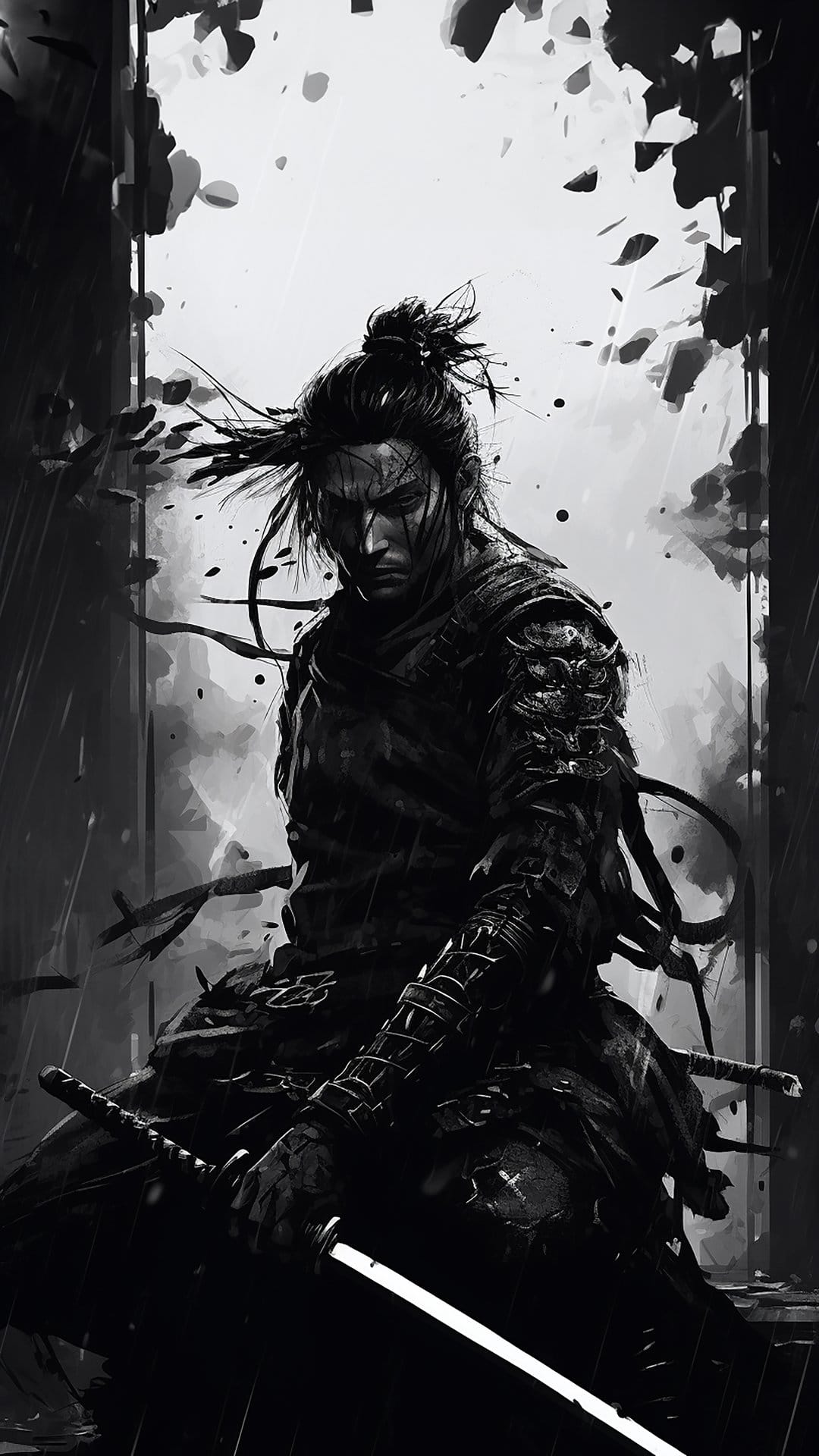 Samurai warrior in traditional armor grips a katana with a stoic expression against a high-contrast background.