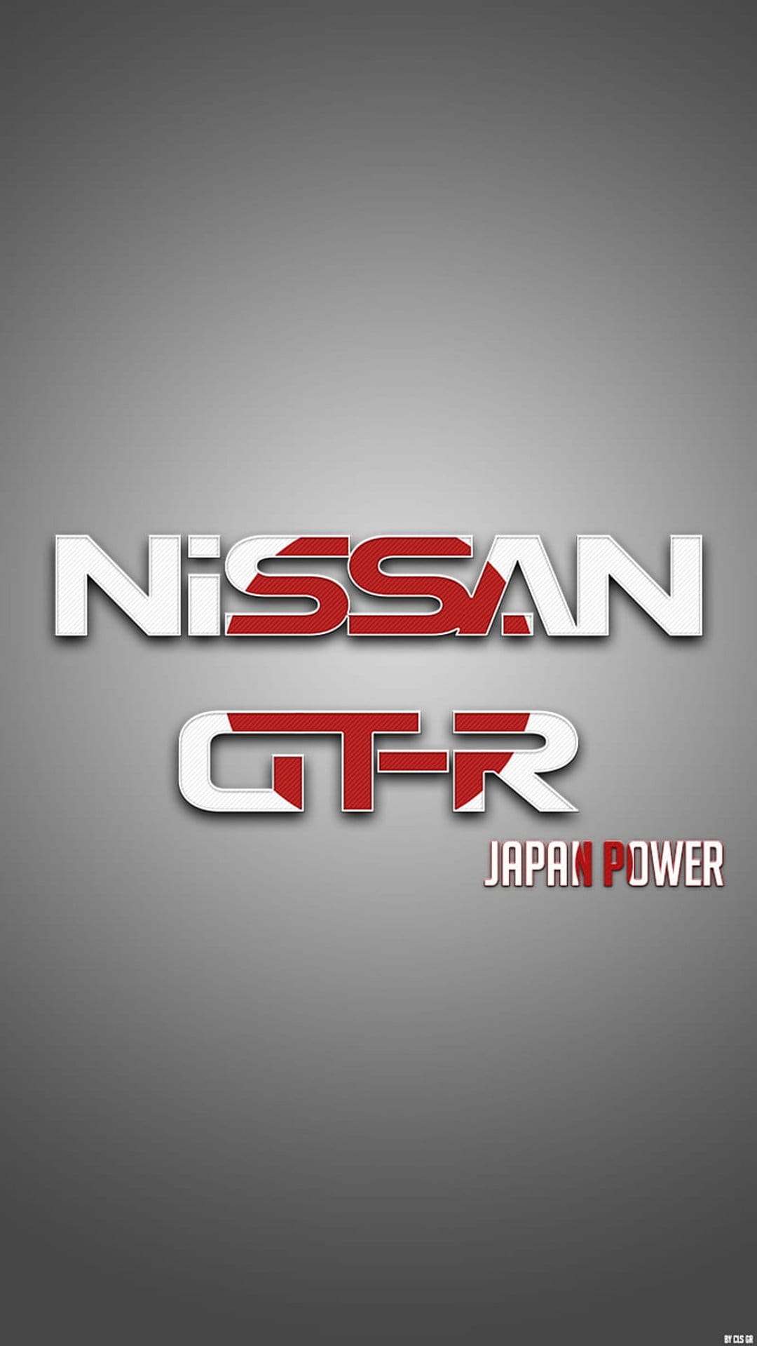 Nissan GT-R logo with red R and Japan Power text on a minimalist grey gradient background for mobile display.