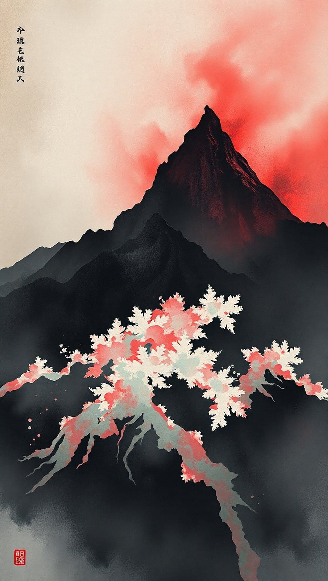 Dark mountain peaks rise under a vivid crimson sky behind delicate pink cherry blossom branches and teal leaves.