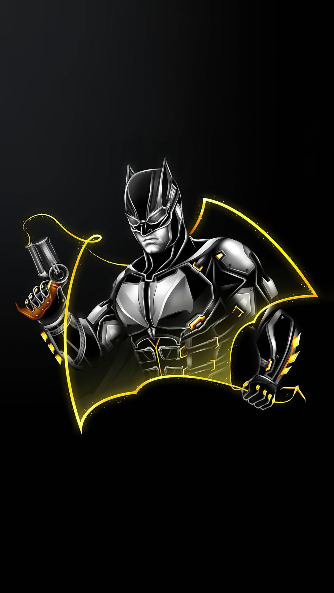 Batman in a futuristic tactical suit holds a grappling gun with a glowing yellow bat emblem on his chest.