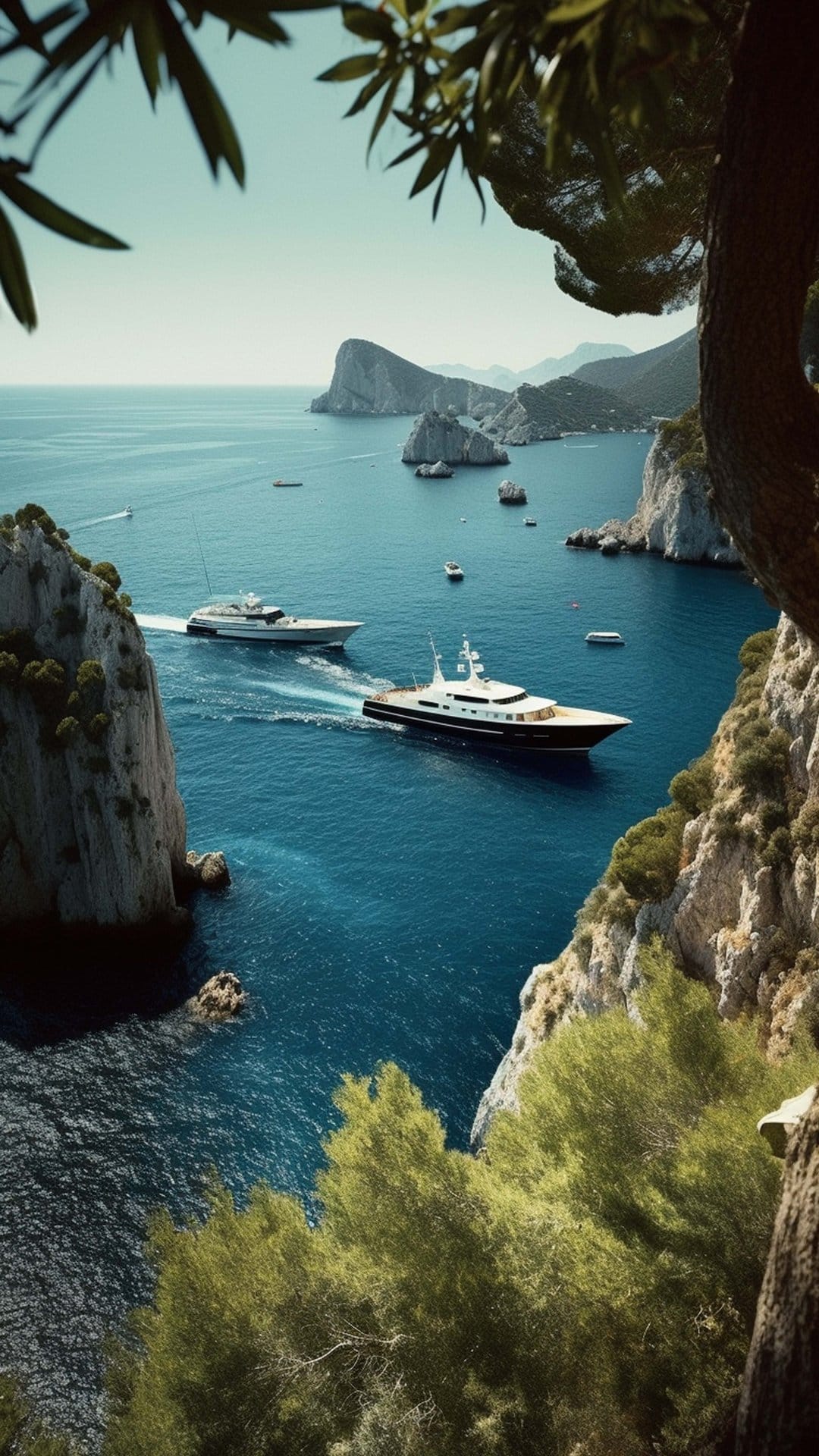 Two luxury yachts cruising turquoise waters past steep green cliffs, creating a scenic vertical coastal vista.
