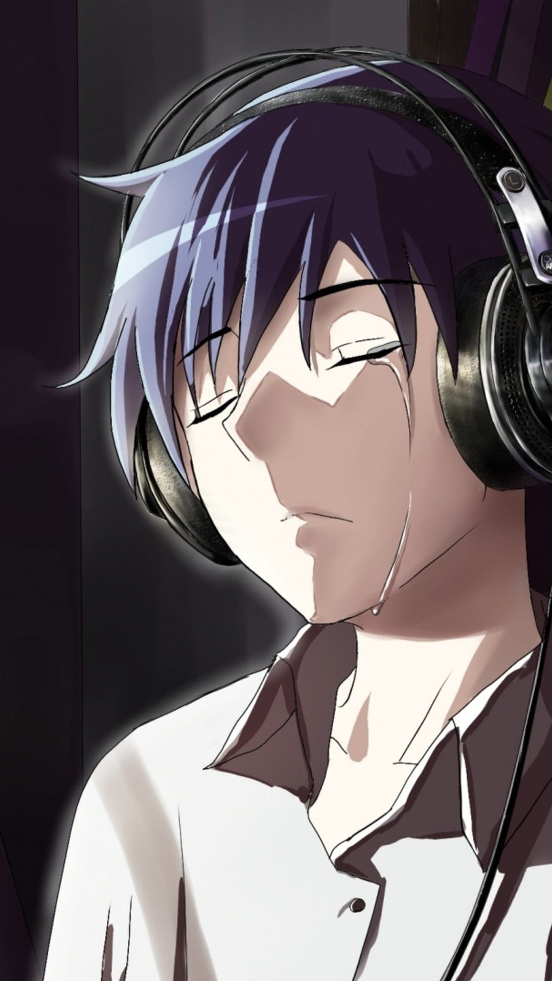 Blue-haired boy wearing headphones with a single tear on his cheek gazes down in a melancholic anime style.