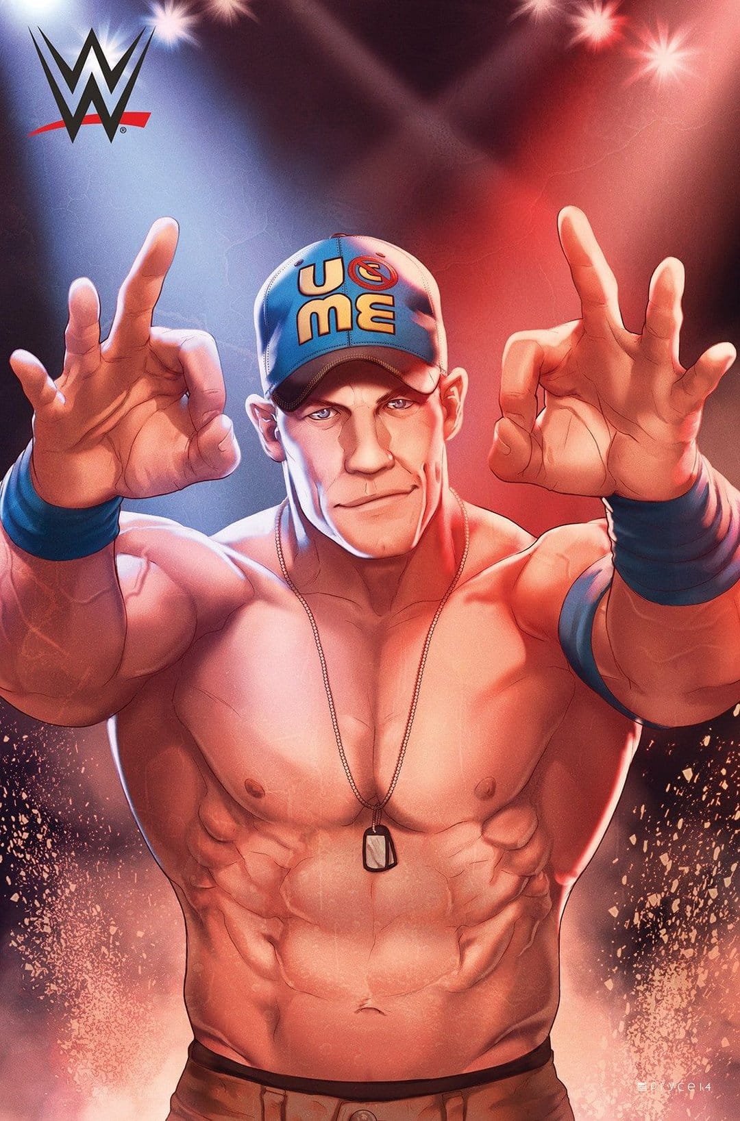 John Cena performs his signature hand gesture wearing a cap and dog tags under red and blue stadium spotlights.