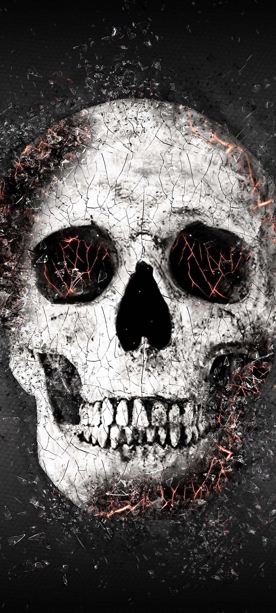 Fractured skull with glowing red eyes and exploding bone fragments against a dark, gritty textured background.