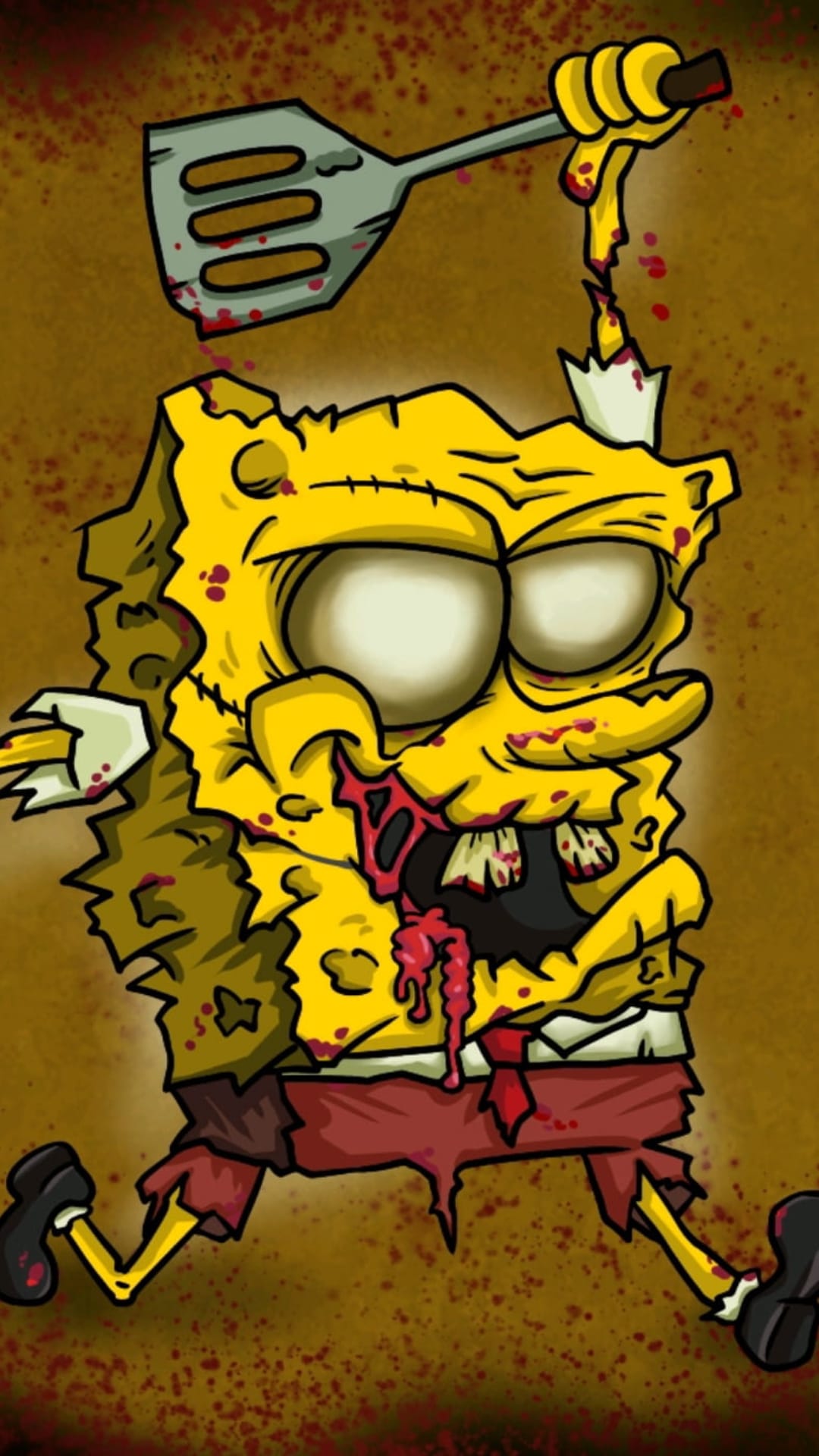 Zombie sea sponge with hollow white eyes holds a blood-stained spatula against a dark textured background.
