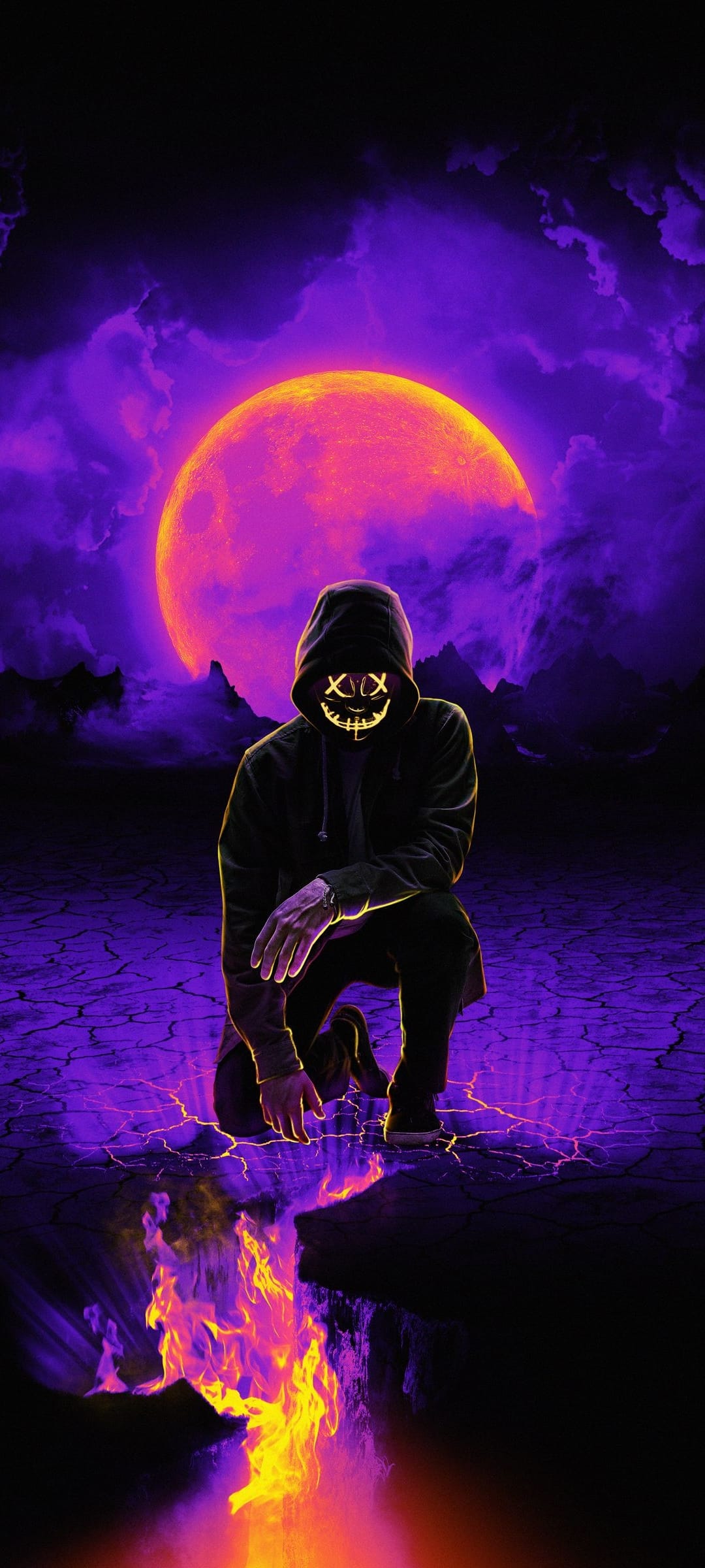 Masked figure with a glowing X-smile crouches over a fiery chasm beneath a colossal orange harvest moon.
