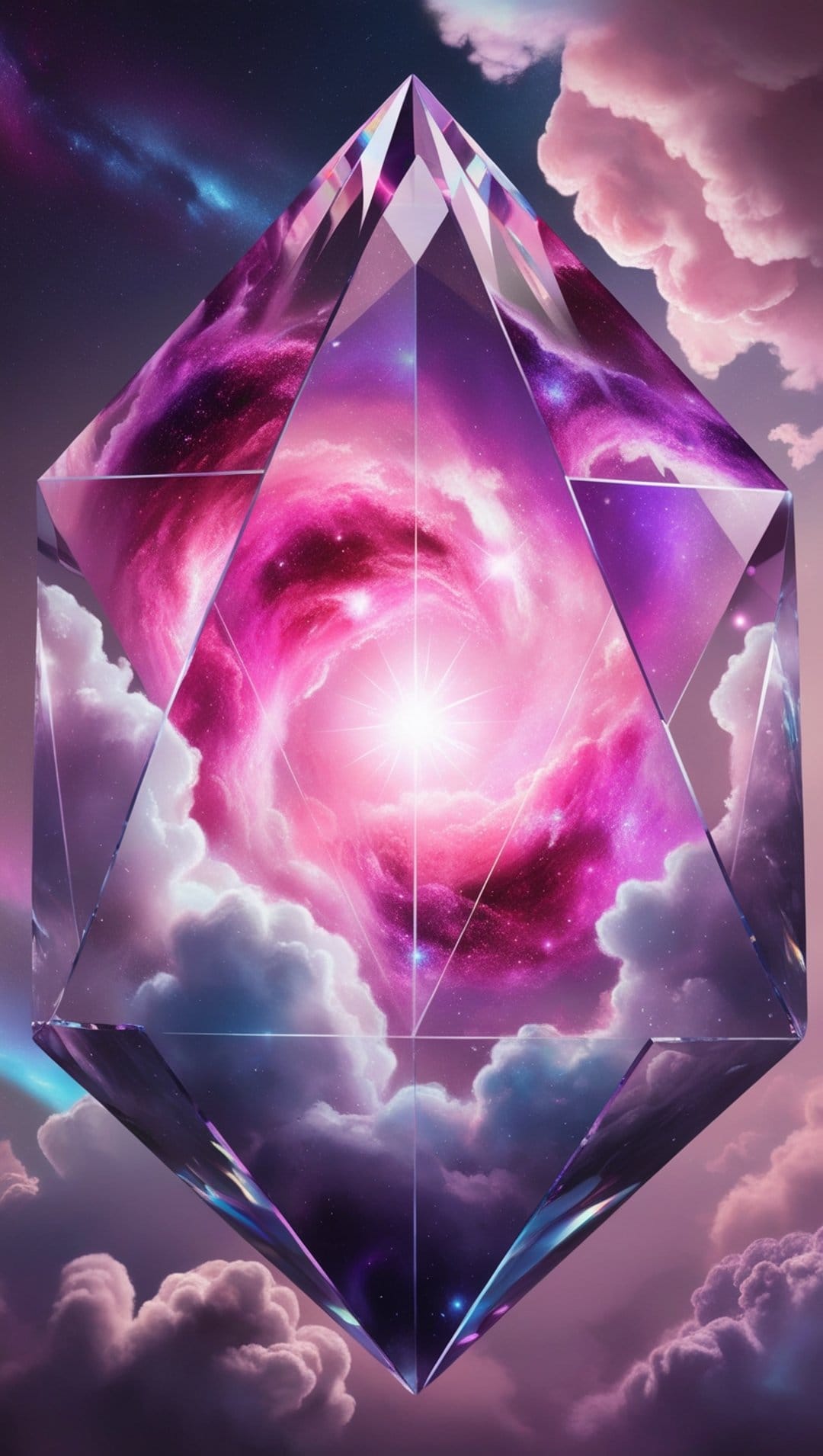 Faceted geometric crystal containing a pink nebula floats in a sky filled with soft pastel clouds and stars.