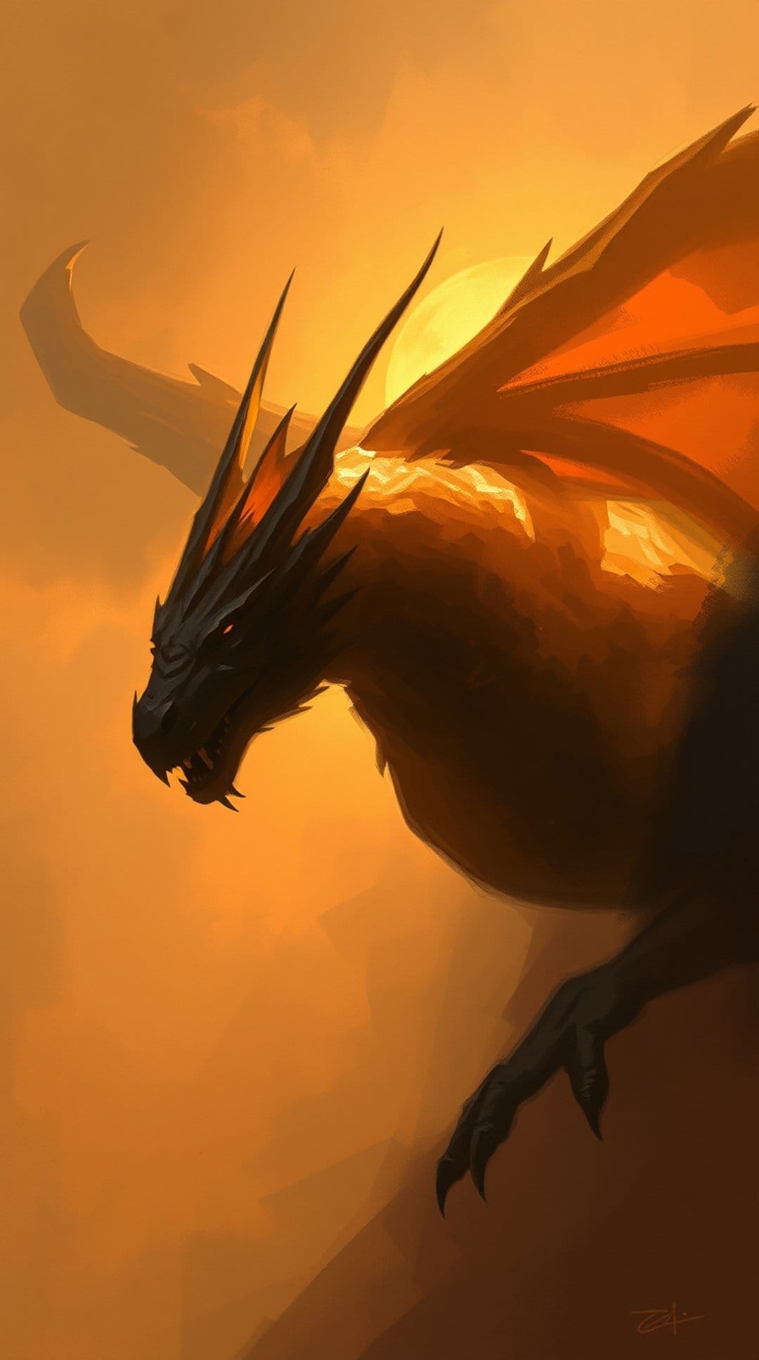 Black dragon with translucent orange wings and red eyes soaring through a vibrant orange and purple sunset sky.
