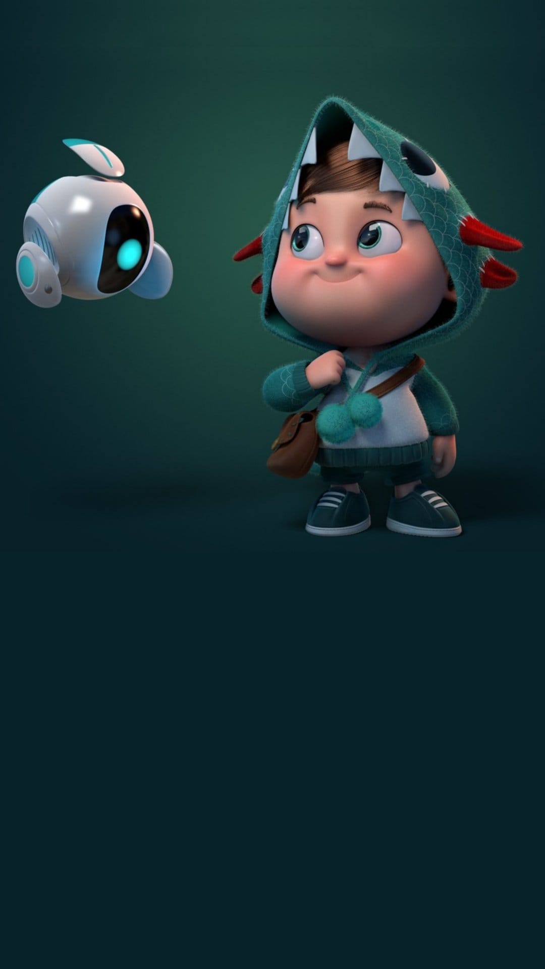 Toddler in a dinosaur hoodie gazes at a small glowing robot friend against a dark, moody background.