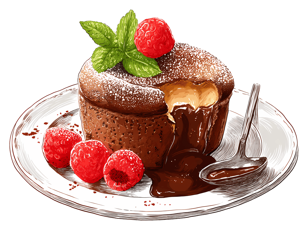 Molten chocolate lava cake topped with red raspberries and mint leaves on a clean transparent background.