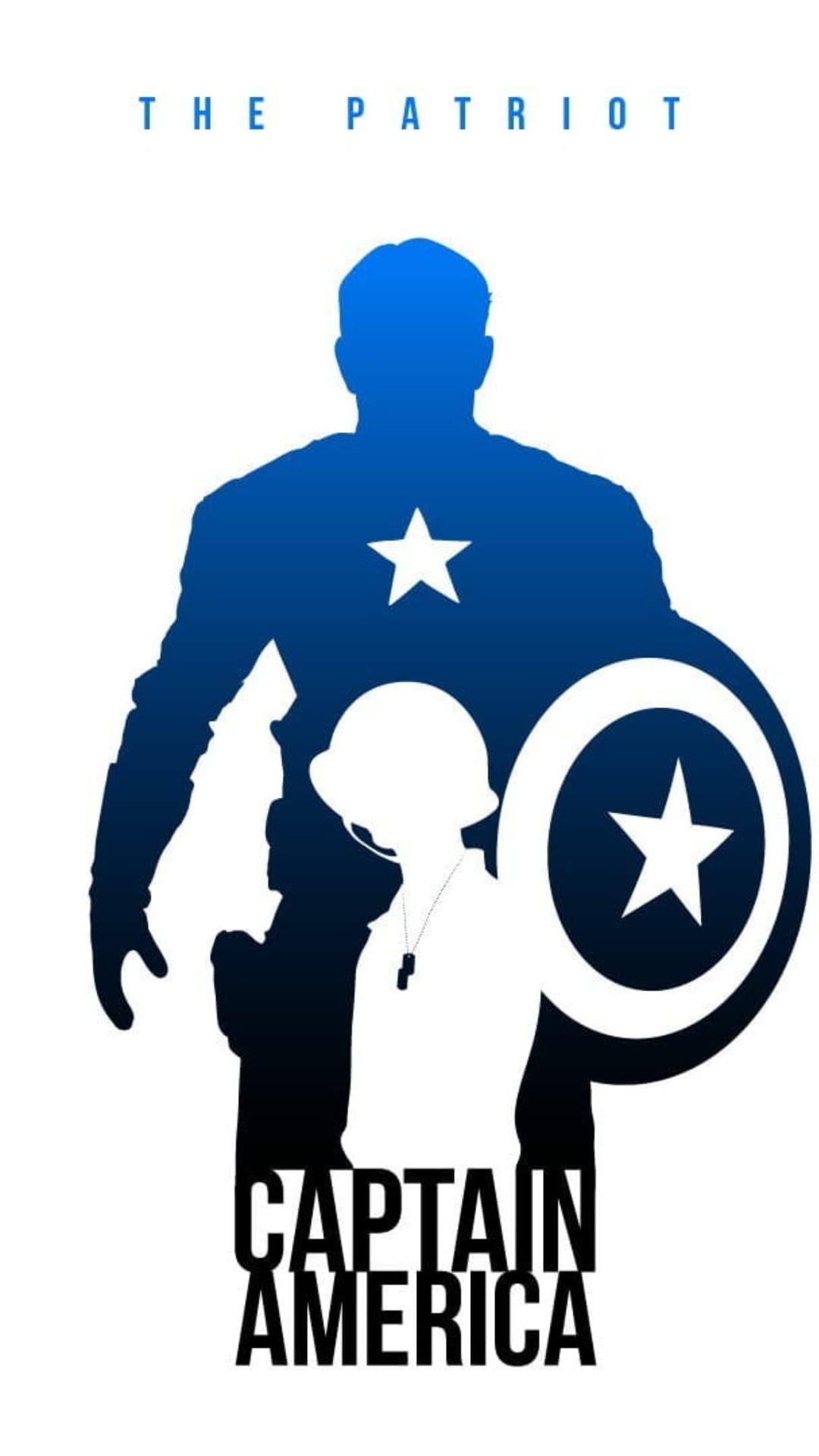 Captain America blue silhouette containing a white soldier outline with a shield and star on a dark background.