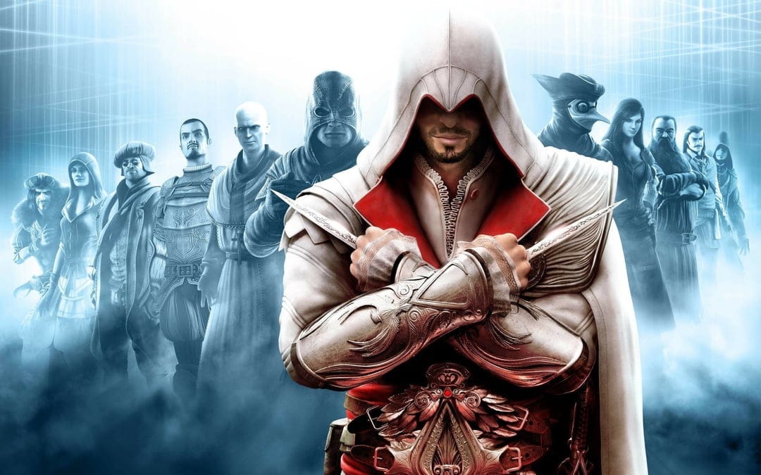 Ezio Auditore crosses hidden blades in white robes with a lineup of shadowy figures on a blue digital background.