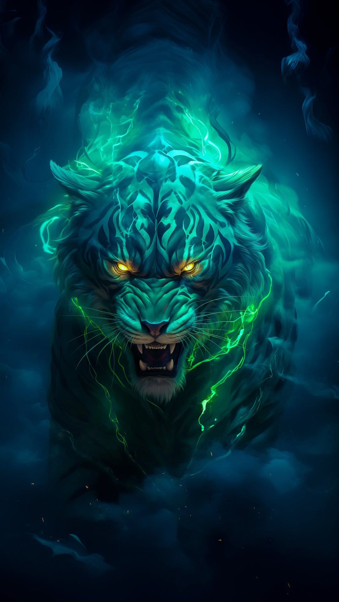 Emerald tiger with glowing yellow eyes roars amidst blue mist and crackling green lightning energy.