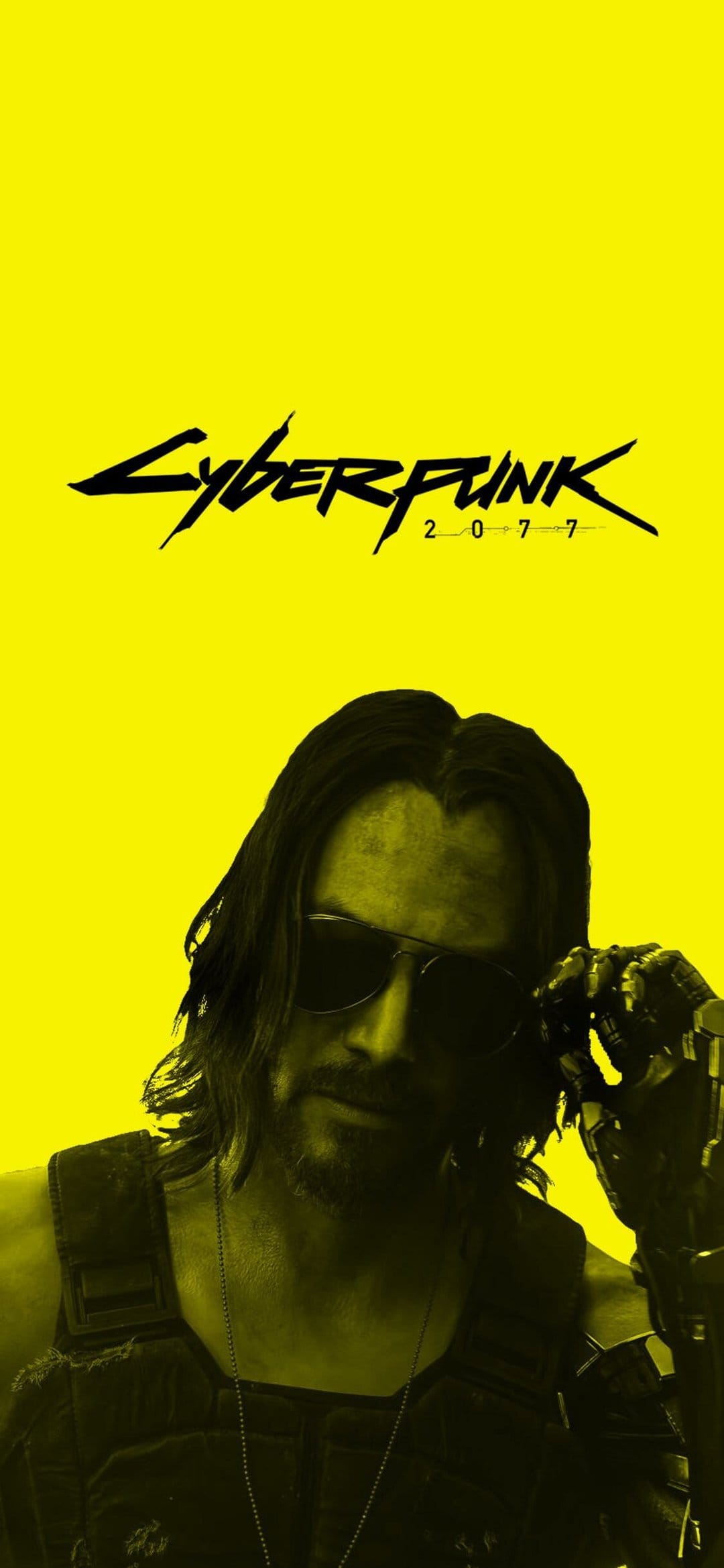 Johnny Silverhand in sunglasses on a solid yellow background with the Cyberpunk 2077 logo above him.