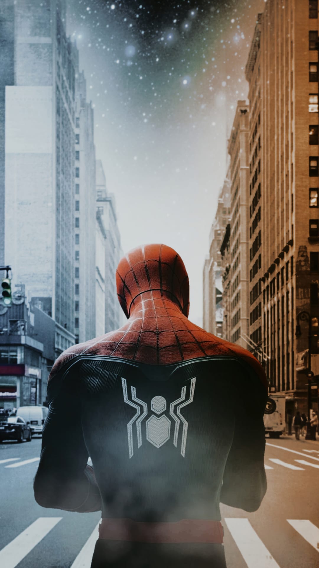 Spider-Man stands on a city street between skyscrapers under a clear night sky filled with twinkling stars.