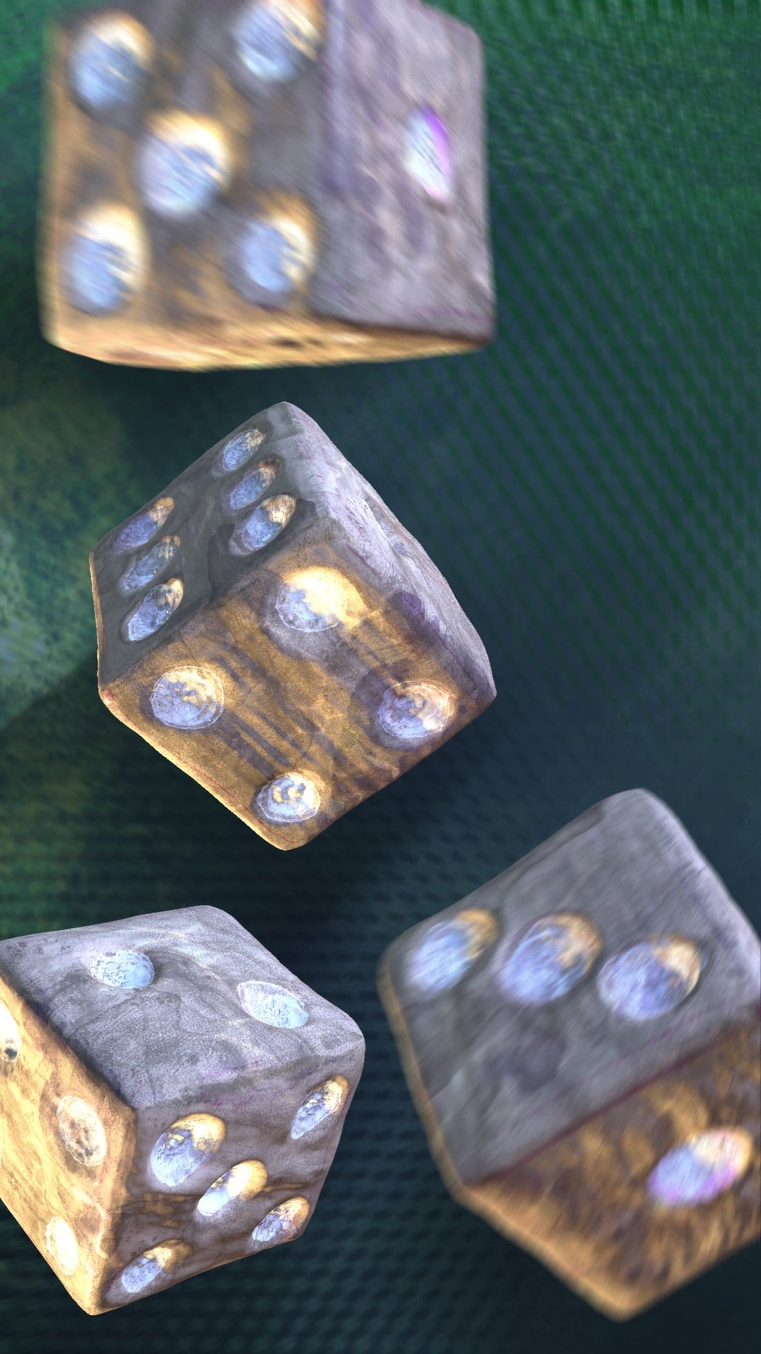 Four wooden dice with glowing pips fall through the air above a vibrant green felt surface in close-up.
