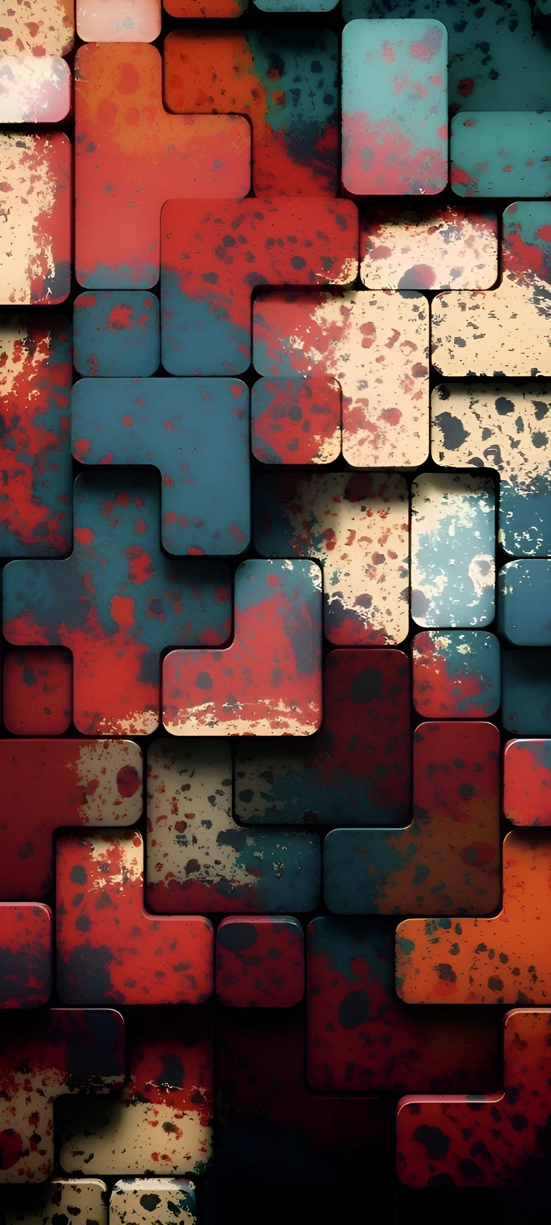 Interlocking geometric blocks with red and teal paint splatters and a gritty, distressed urban texture.