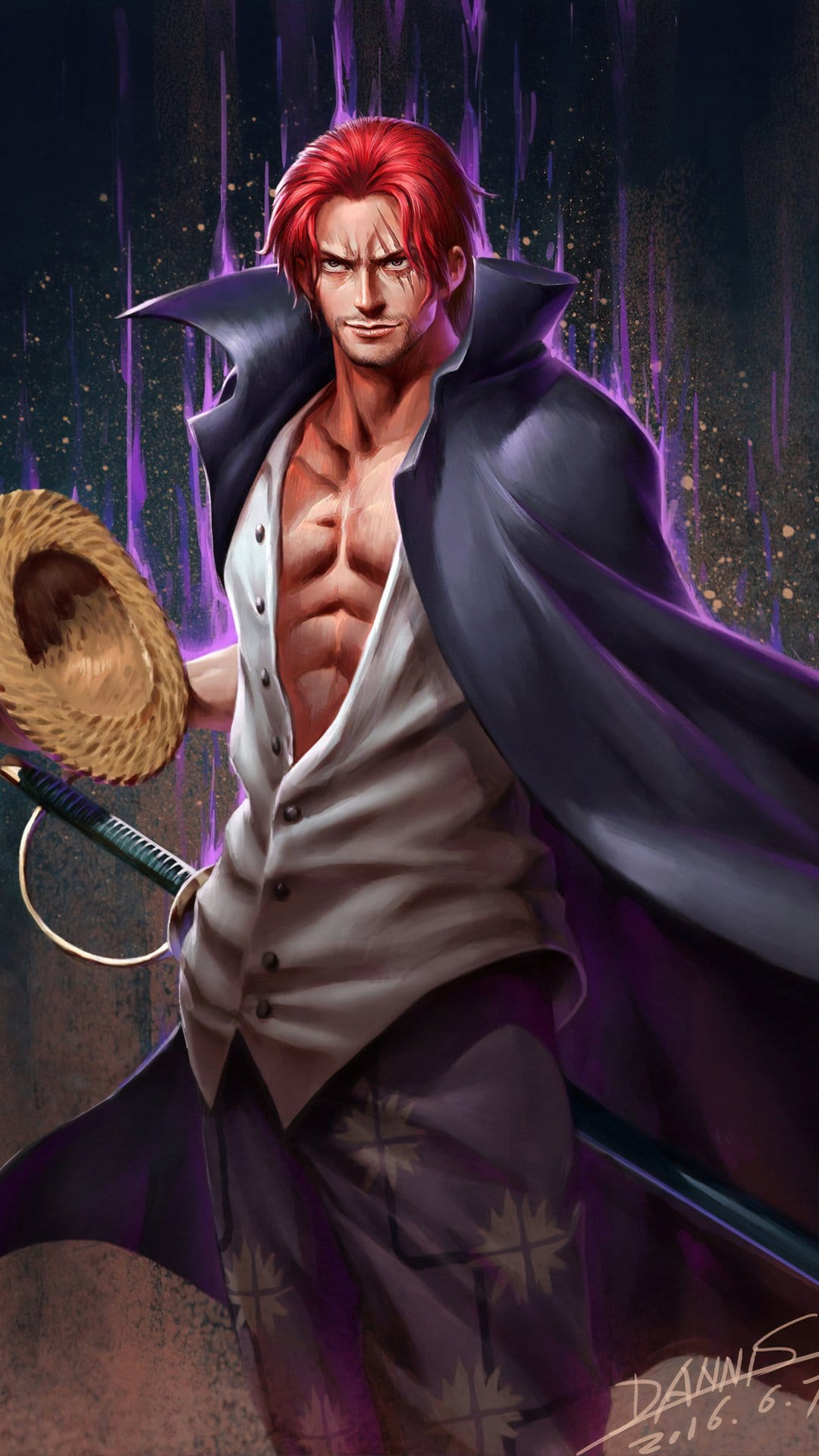 Red-haired pirate with facial scars stands in a purple aura holding a straw hat and sword against a dark background.