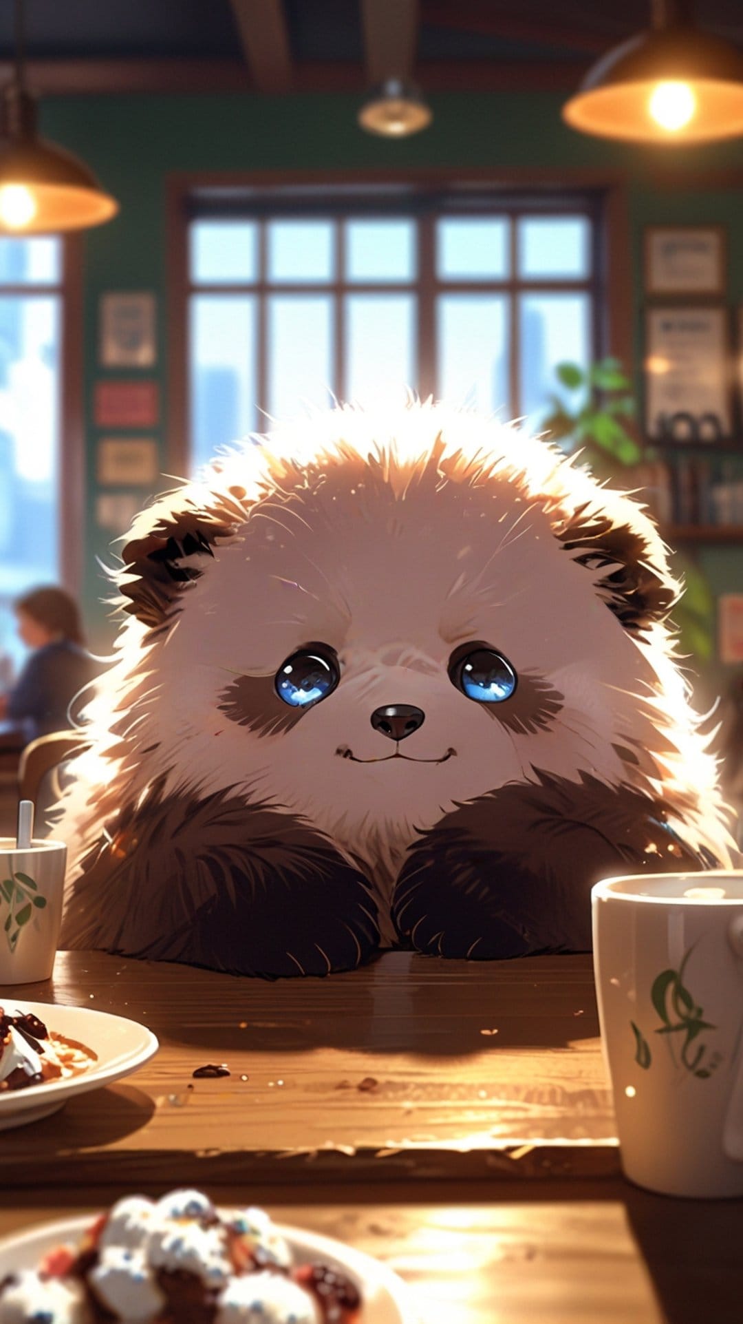 Panda cub with blue eyes sits at a cafe table with pastries and coffee under warm, hanging lamp lighting.