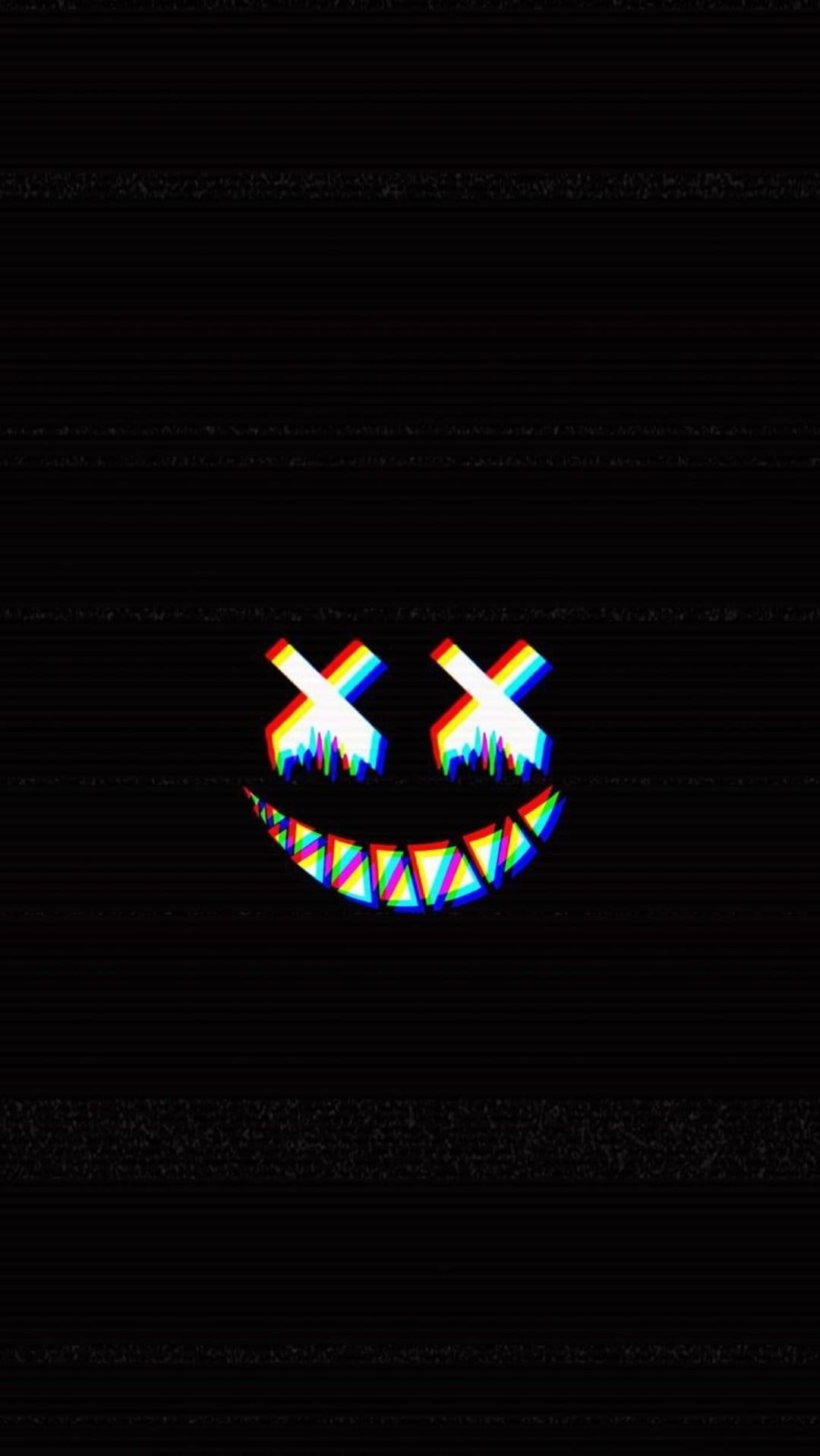 Glitchy yellow smiley face with X eyes and dripping colorful distortion set against a solid black background.