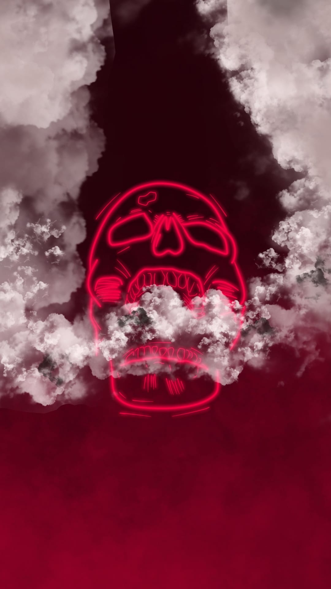 Red neon skull with an open mouth emerges from white clouds against a dark burgundy and black background.
