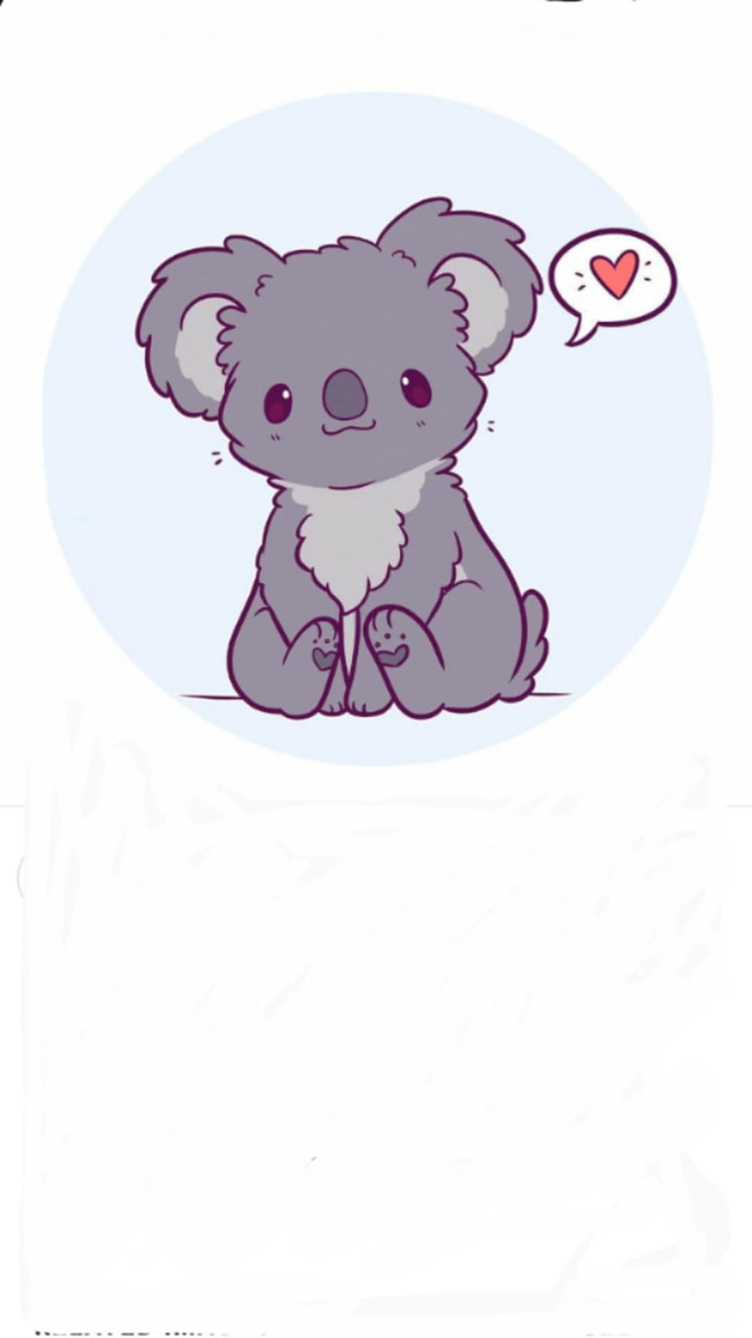 Grey koala with fluffy ears and big eyes sits in a light blue circle next to a pink heart in a speech bubble.