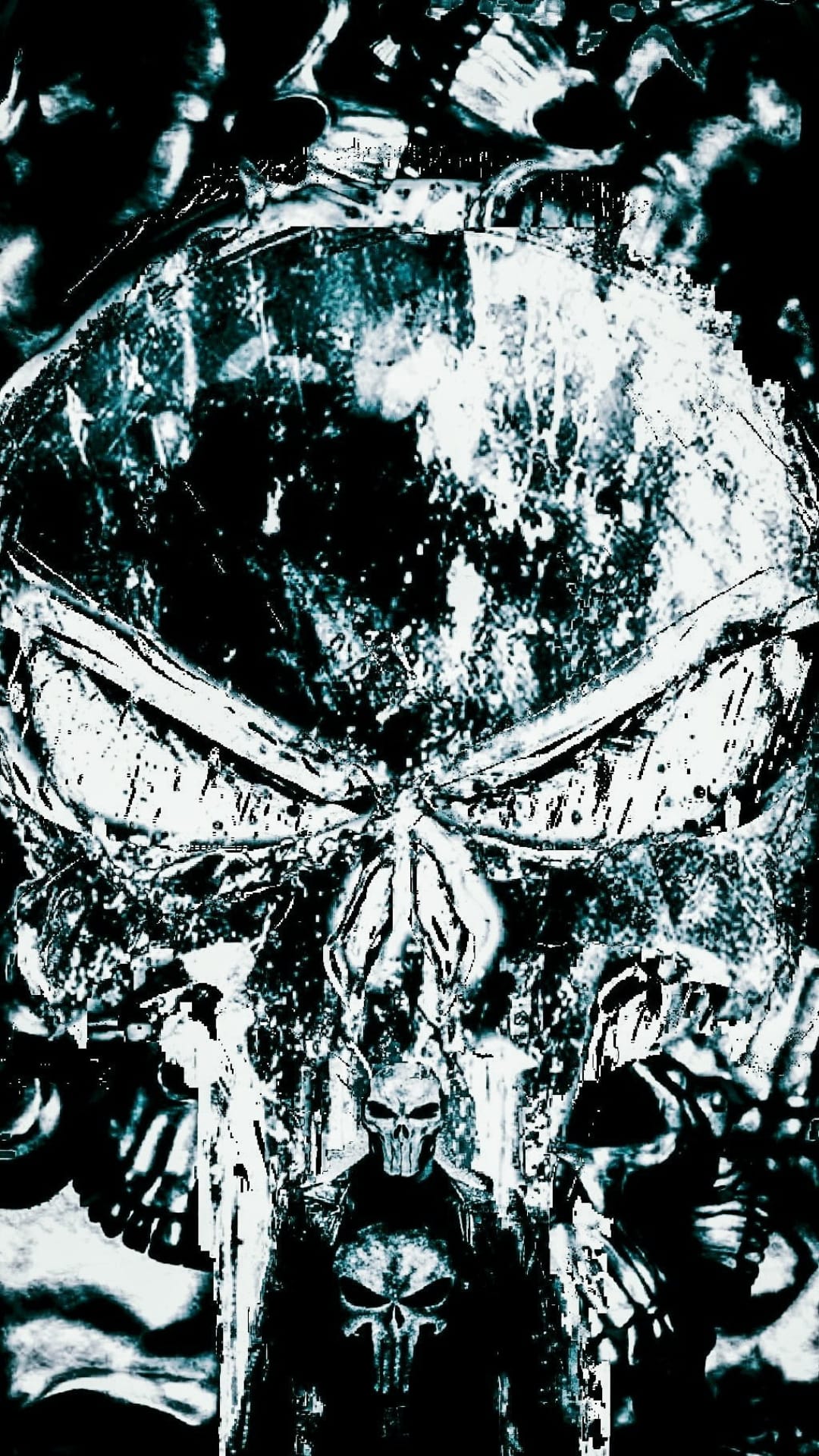 Punisher skull emblem with teal paint splatters and heavy grunge textures on a dark vertical background.