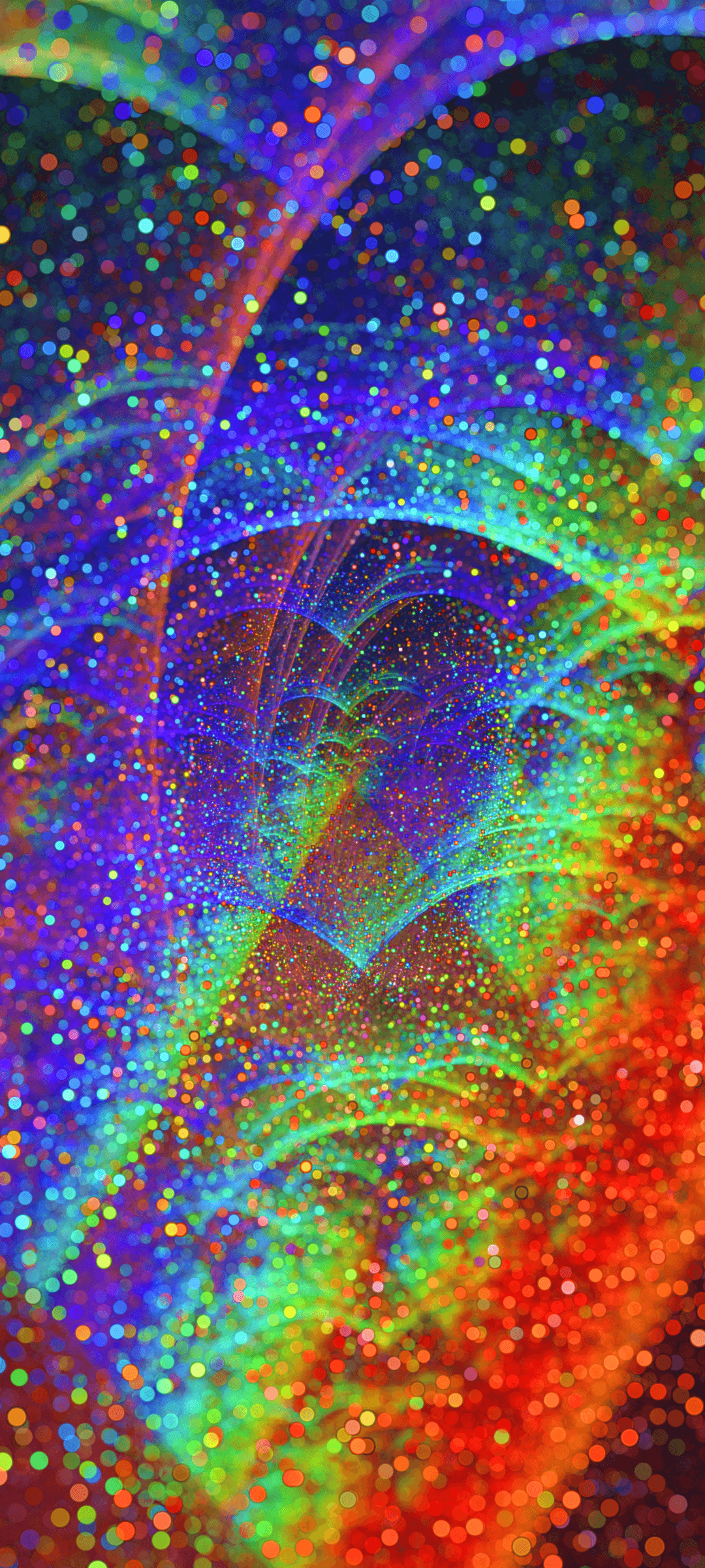 Rainbow-colored bokeh circles and light trails spiral through a dark space in a fluid fractal pattern.