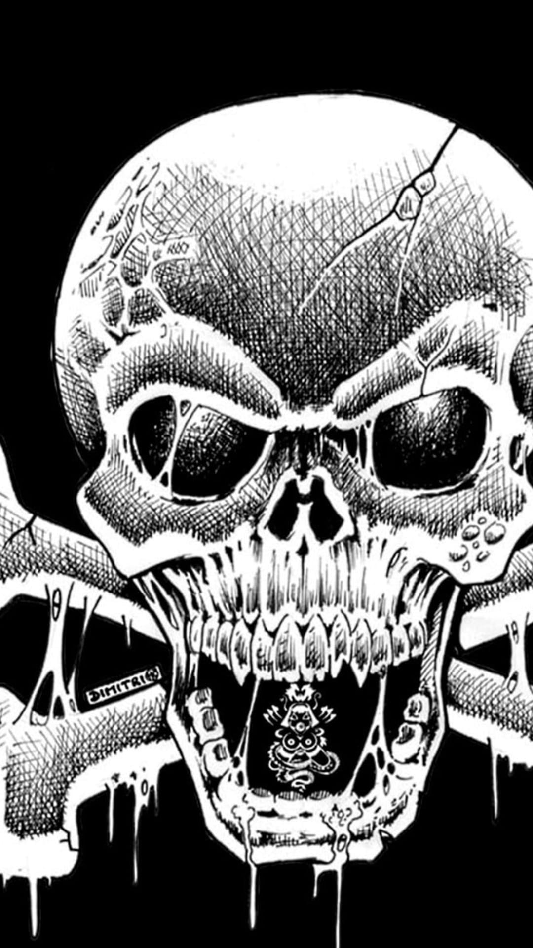 Skull with melting jaw and crossbones contains a tentacled monster with many eyes in high-contrast black and white.