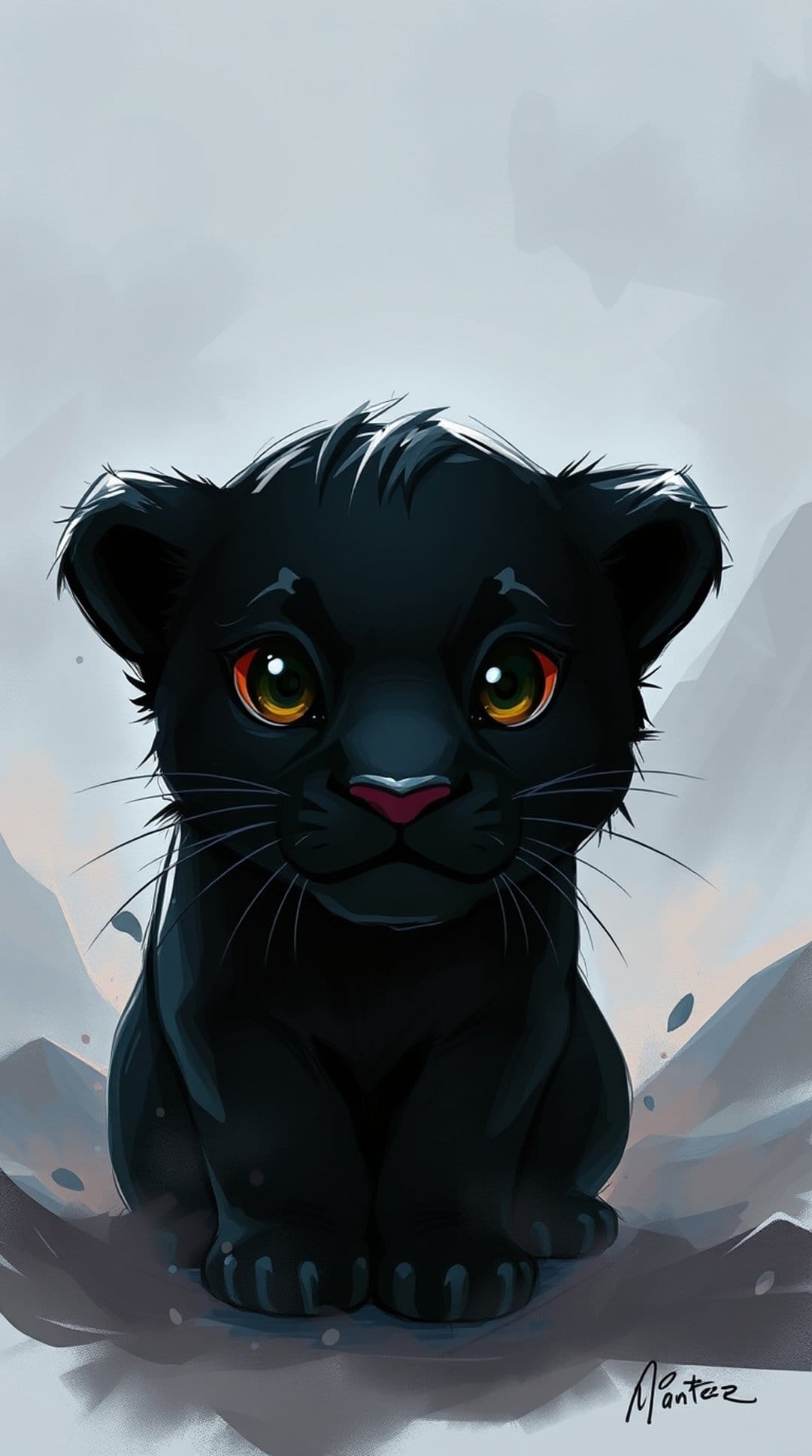 Baby black panther cub with amber eyes sits on gray rocks against a foggy mountain landscape background.