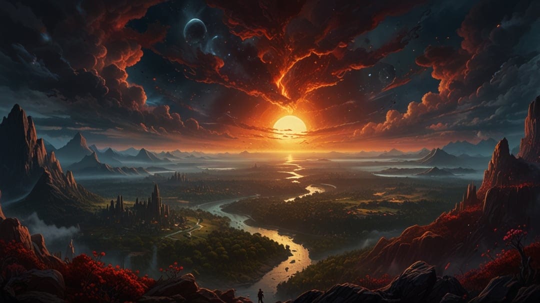 Two small figures stand on rocky cliffs overlooking a winding river and a celestial sunset over distant mountains.