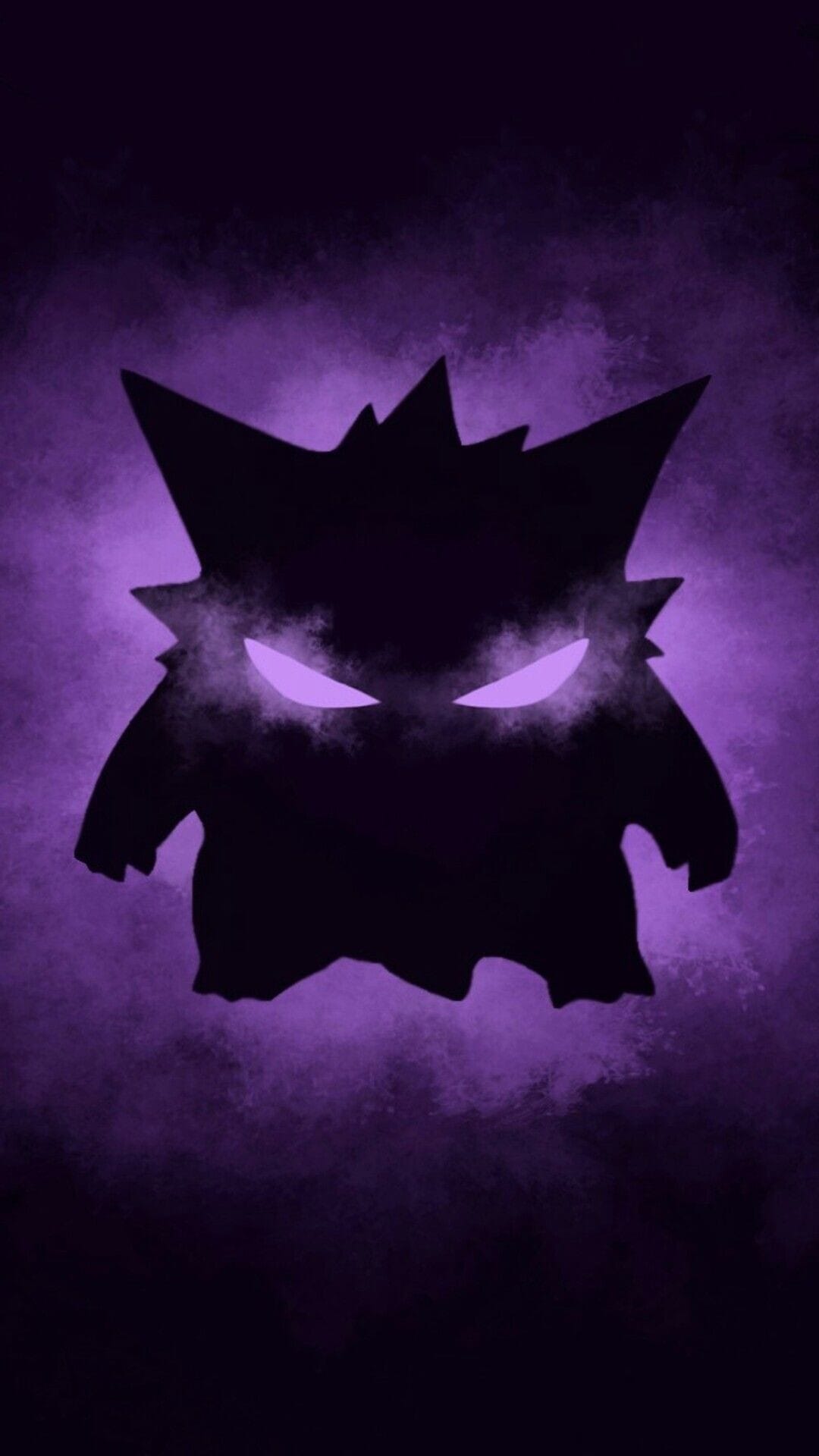 Dark Gengar silhouette with glowing purple eyes centered in a misty violet and black background.