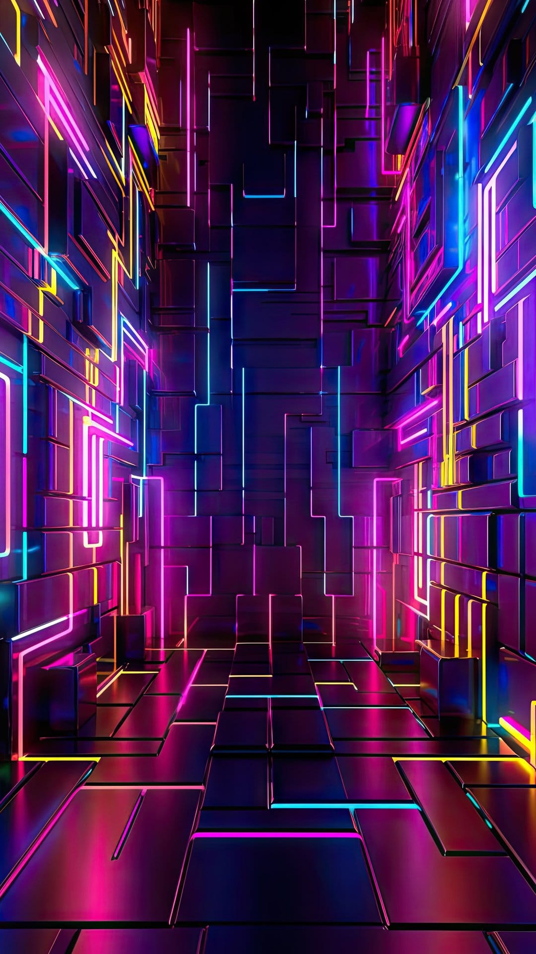 Luminous pink and blue neon strips line a dark geometric corridor reflecting off a glossy black floor surface.