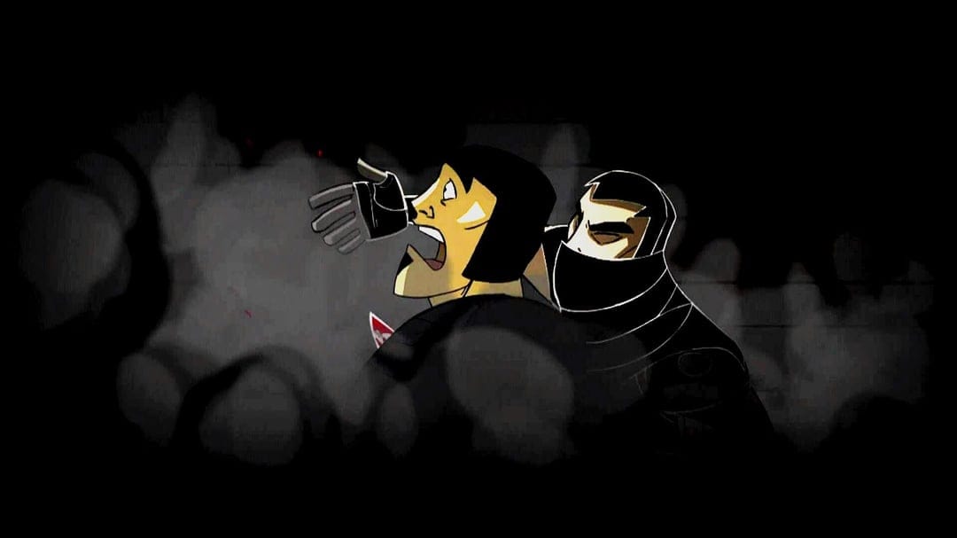 Masked assassin grabbing a man from behind amidst swirling grey smoke in a dark stylized illustration.
