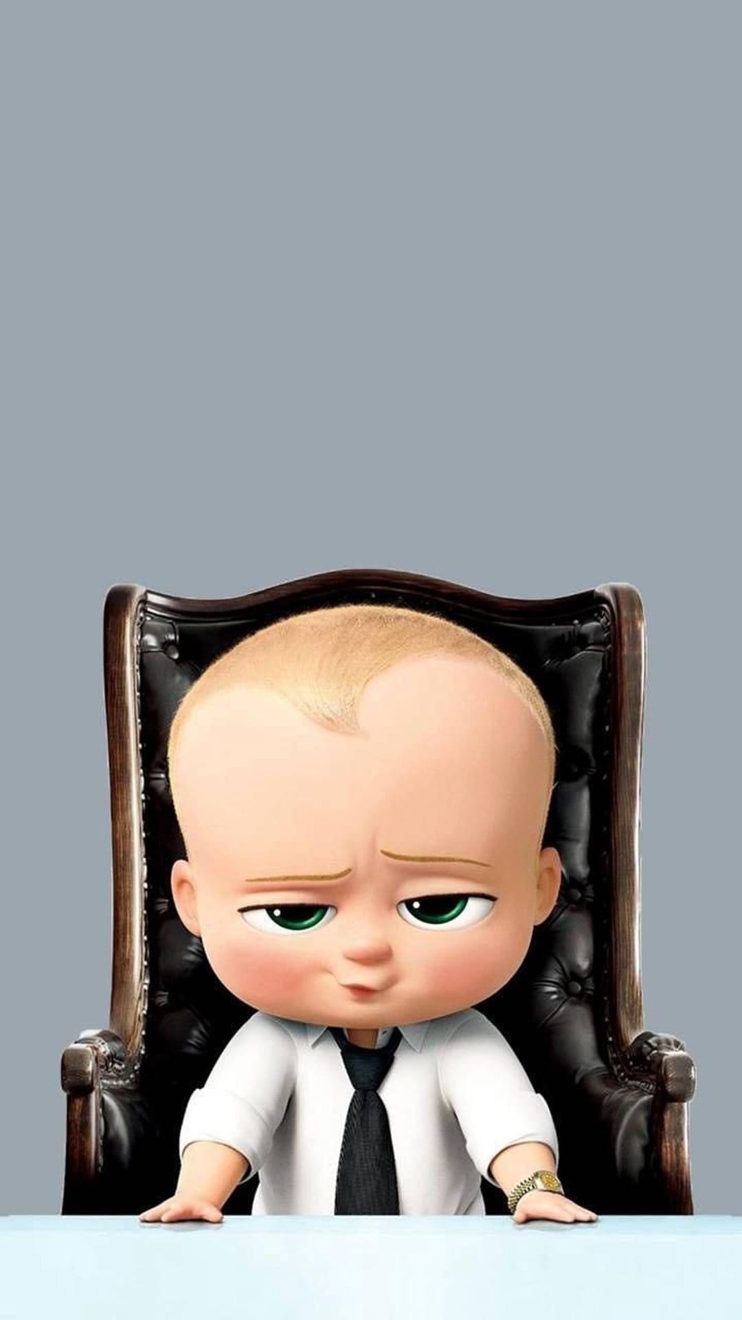 Boss Baby wearing a black tie and gold watch sits in a leather chair with a serious expression and green eyes.