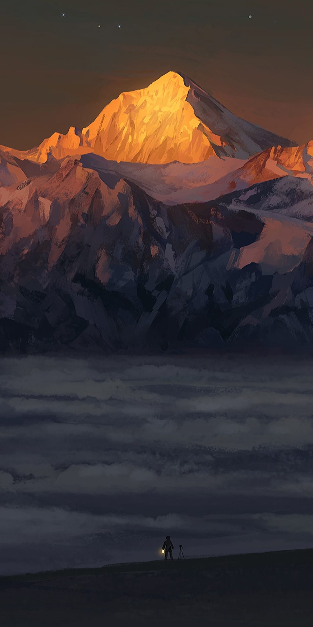 A silhouette of a person standing before a massive golden mountain peak surrounded by dark swirling clouds.