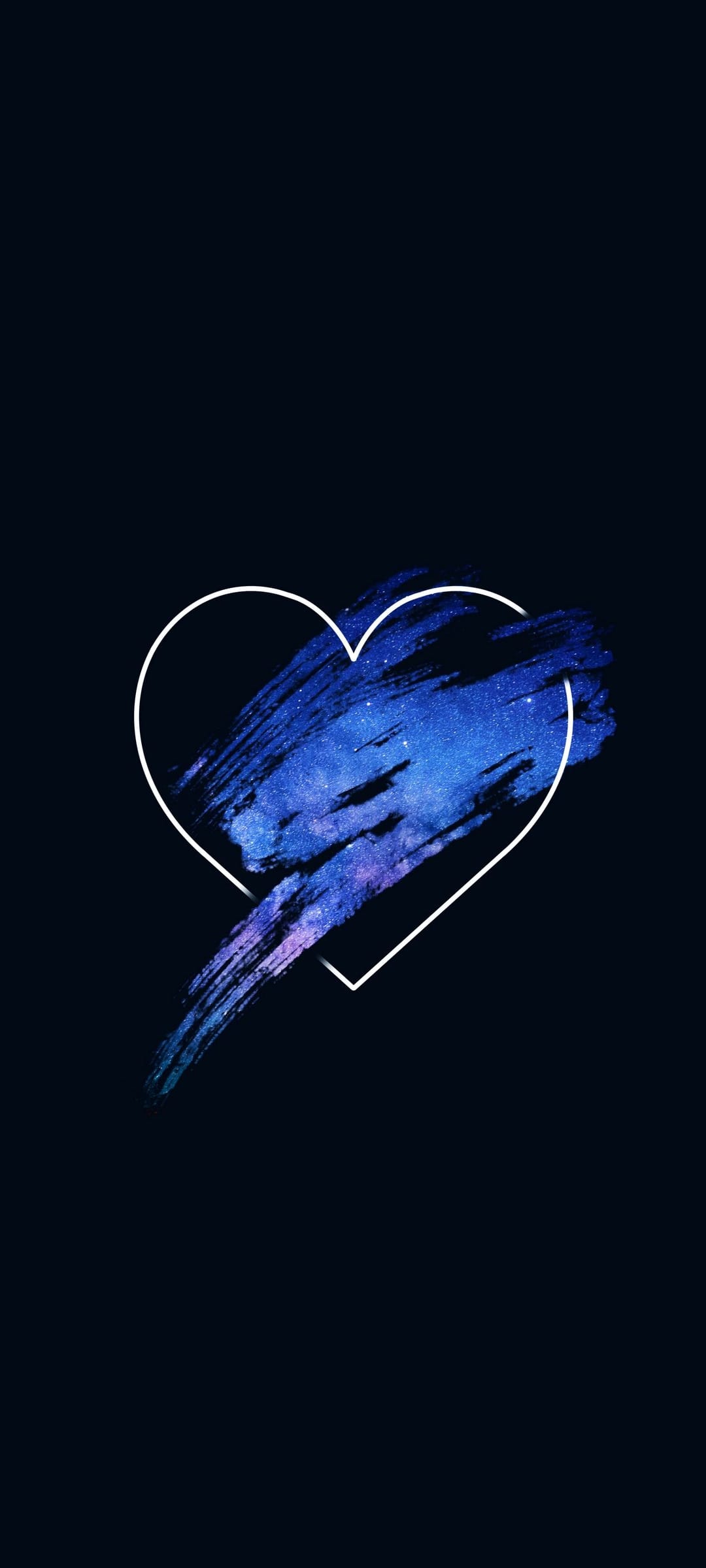White heart silhouette filled with indigo and violet galaxy textures set against a pitch-black background.