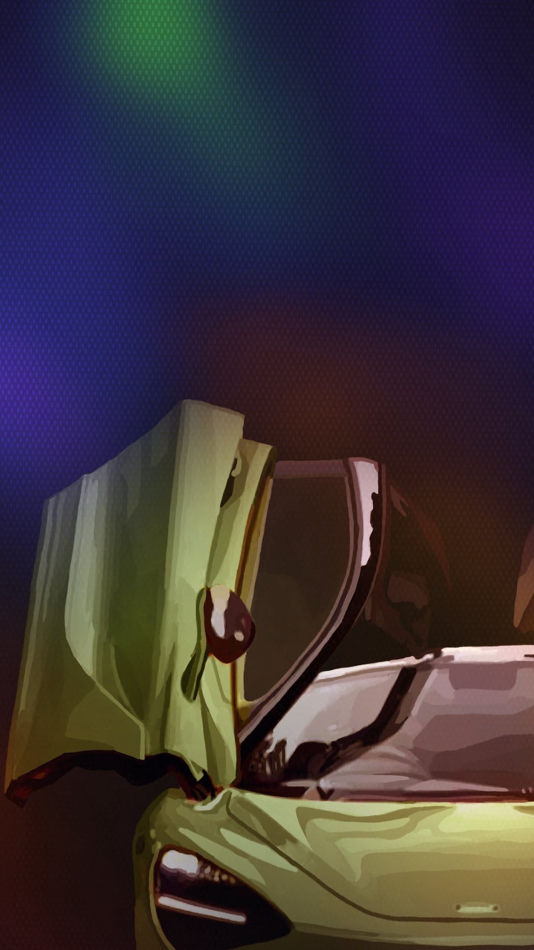 Lime green car doors open upwards over a dark blue and purple abstract background with red light reflections.