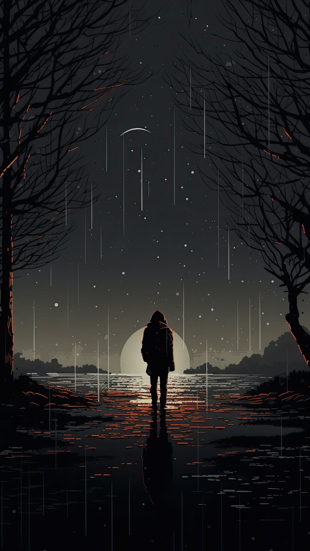 Shadowed figure gazes at a bright moon during a gentle rain shower within a dark, atmospheric forest landscape.
