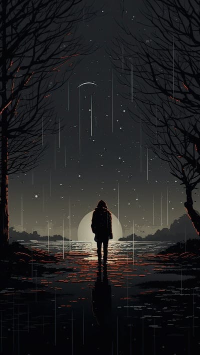 silhouette,trees,rain,moon,night,river,sad,art