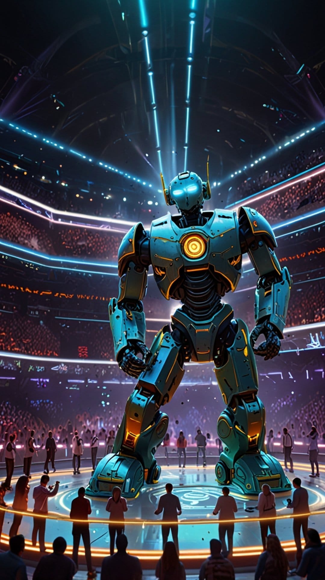 Massive mecha robot standing in a tiered futuristic stadium filled with spectators and vibrant neon lighting.