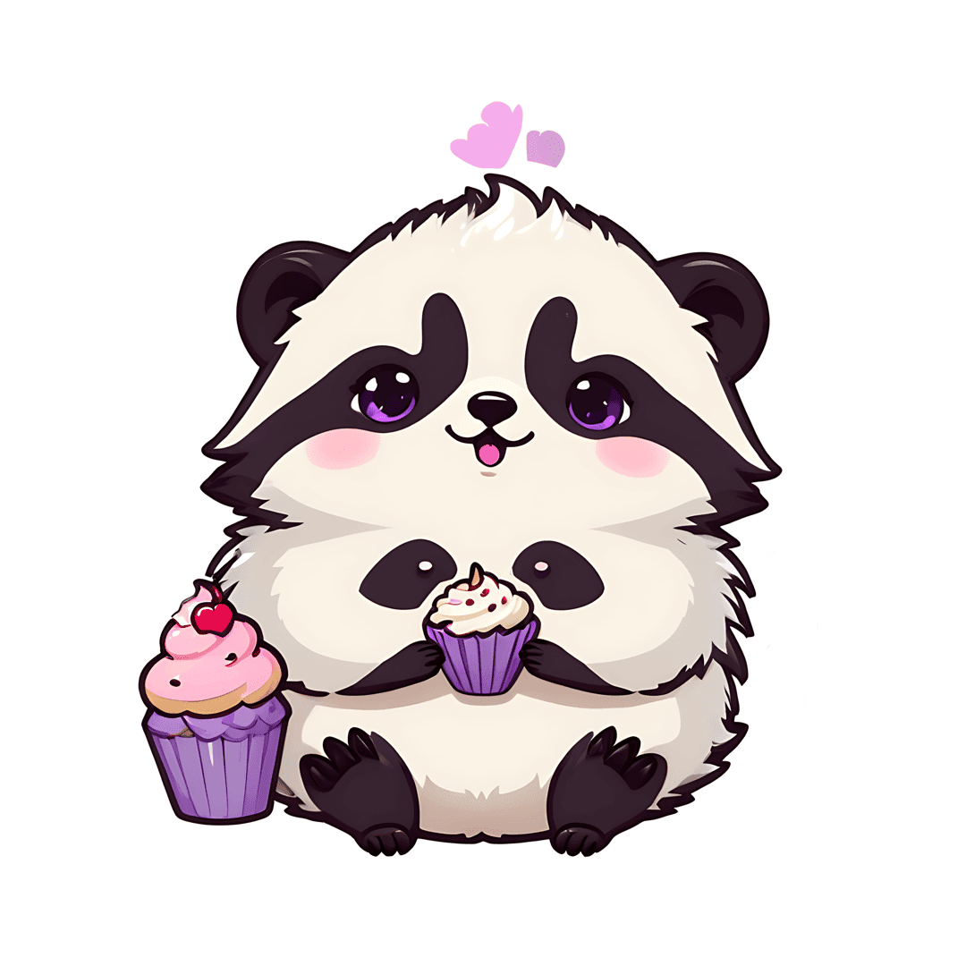 Kawaii panda sticker illustration holding cupcakes with pink frosting, purple eyes, and white fur outline.