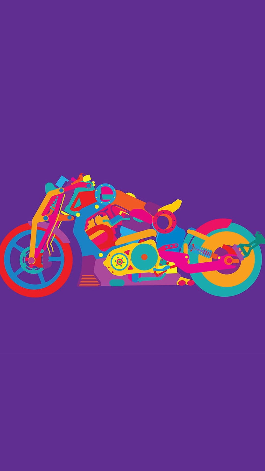 Motorcycle silhouette rendered in colorful geometric shapes of red and blue against a solid purple background.