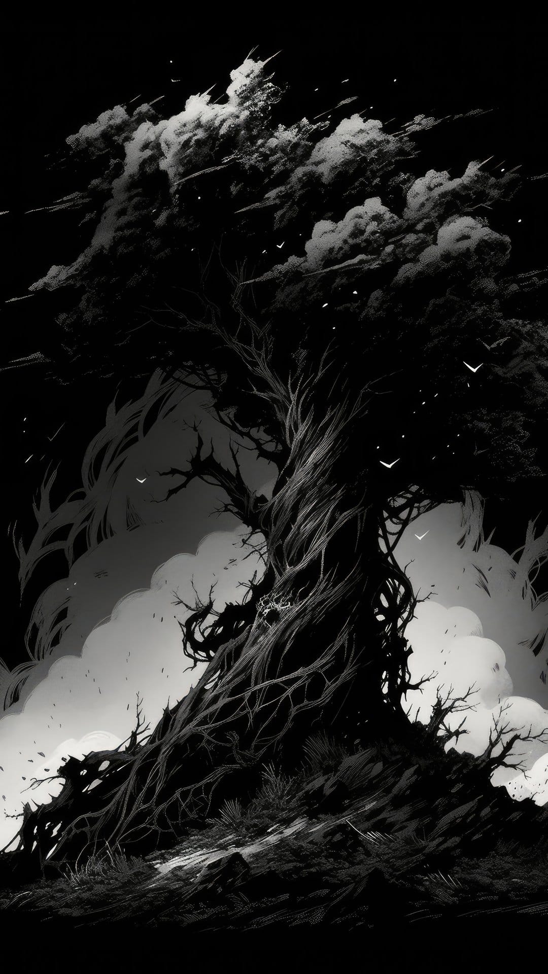 Gnarled tree with twisted branches stands against a dark sky with swirling clouds and faint bird silhouettes.