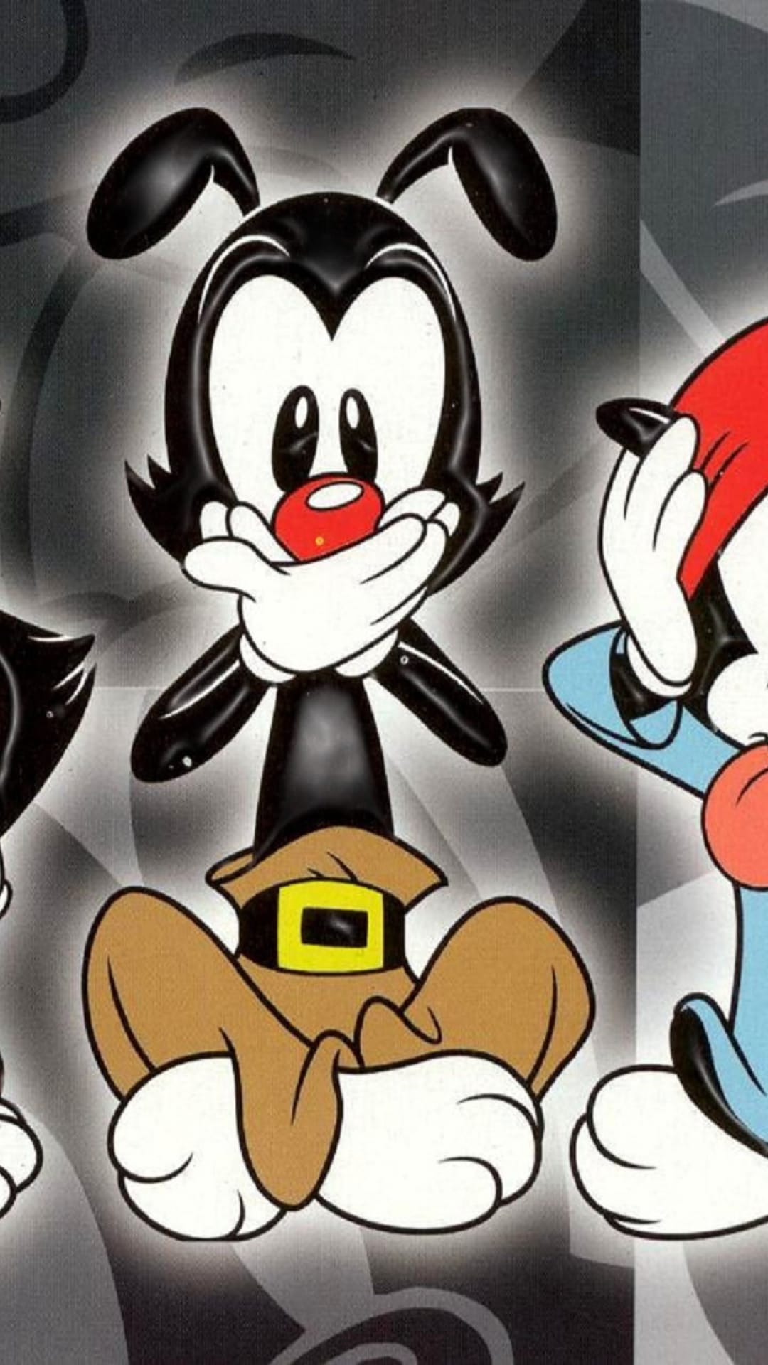 Yakko, Wakko, and Dot Warner cover their mouths against a gray abstract background in this vertical portrait.