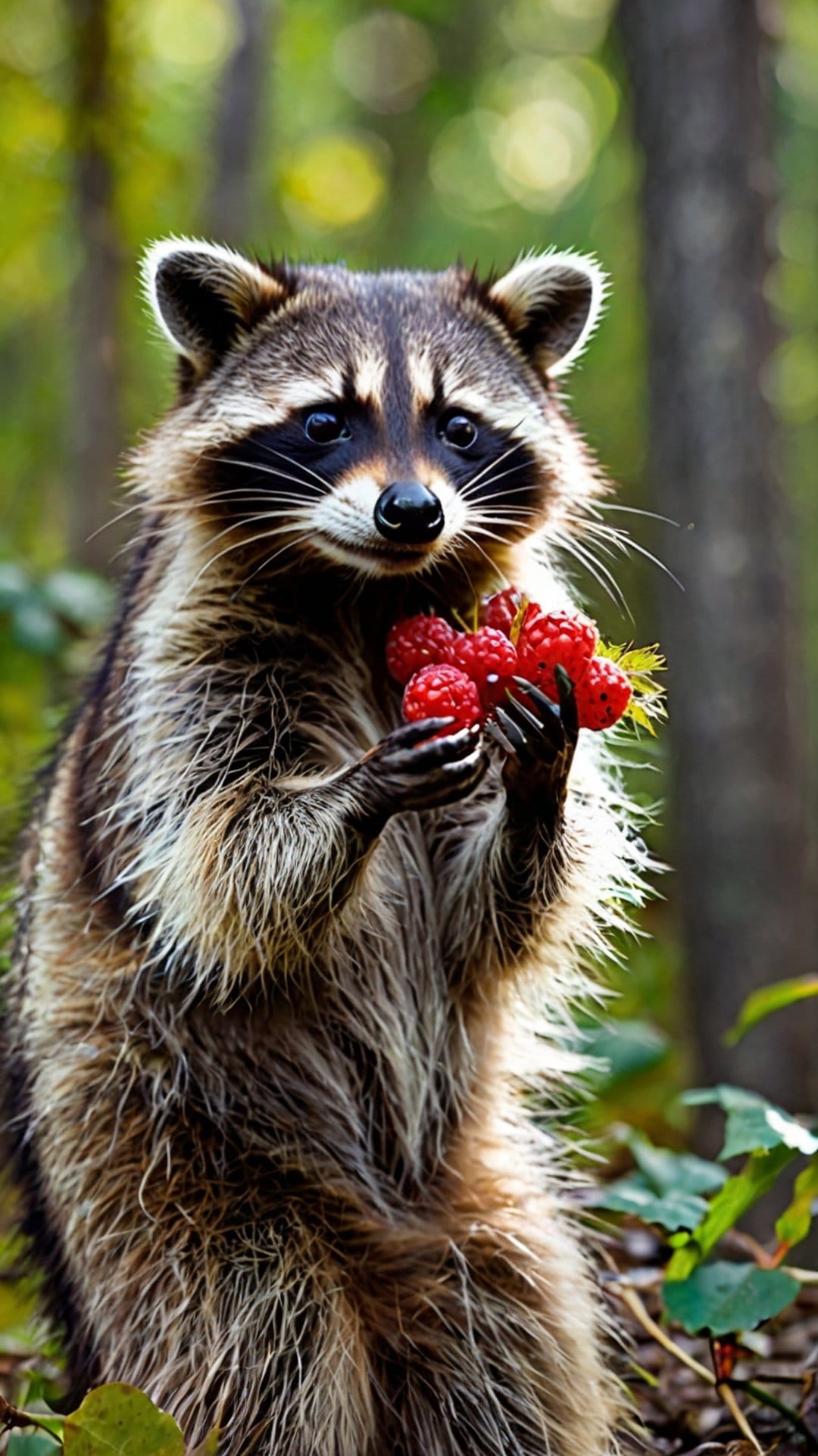 Raccoon with a dark eye mask holds a bunch of red raspberries against a blurred green woodland background.