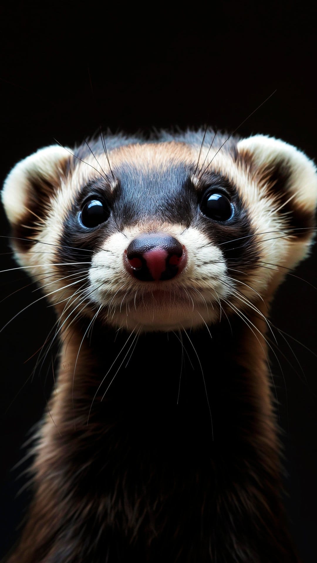 Ferret with brown and white fur looks forward with dark eyes and a pink nose against a solid black background.