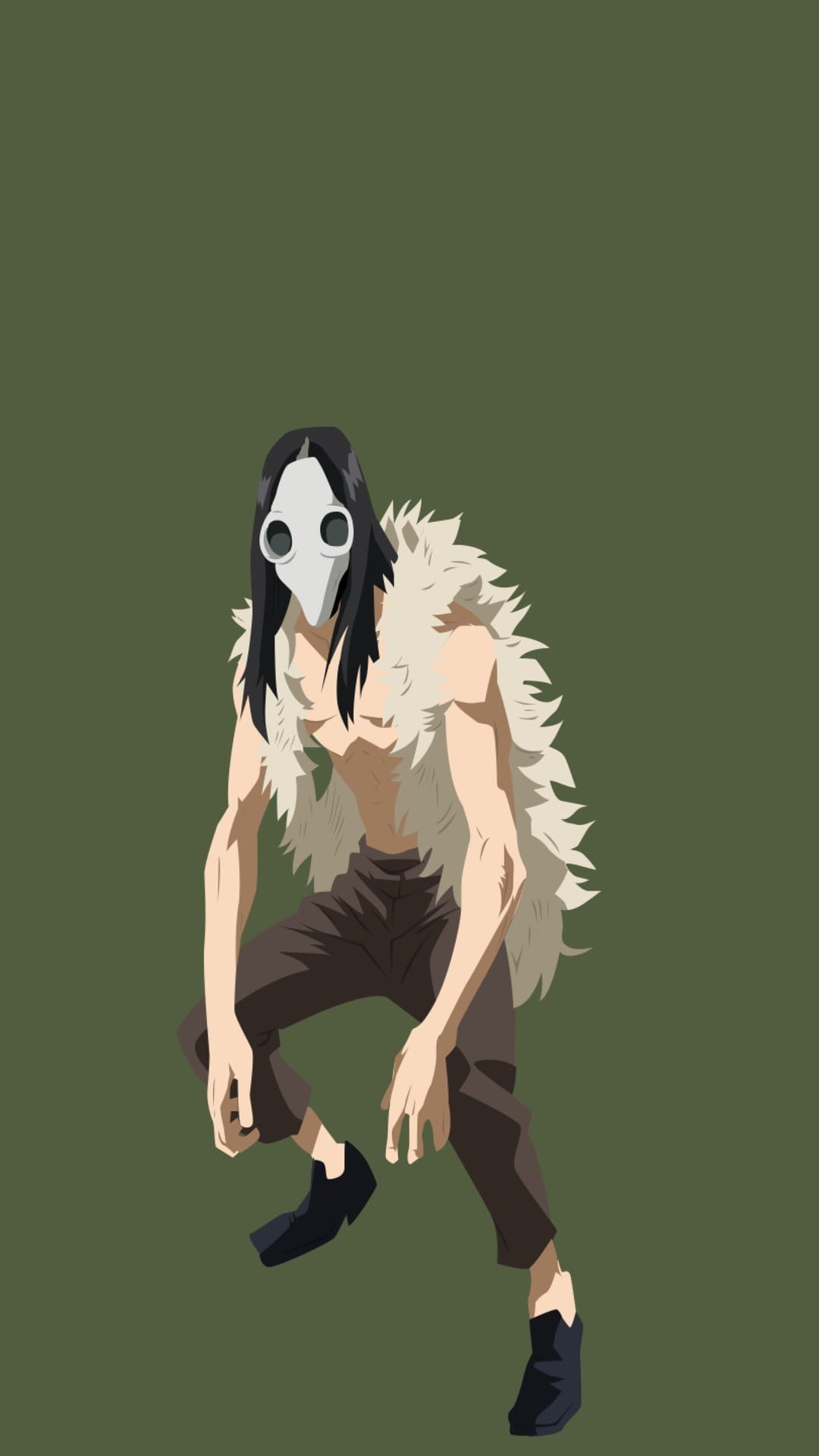 Deidoro Sakaki wears a white plague mask and fur collar while posing against a solid olive-green backdrop.